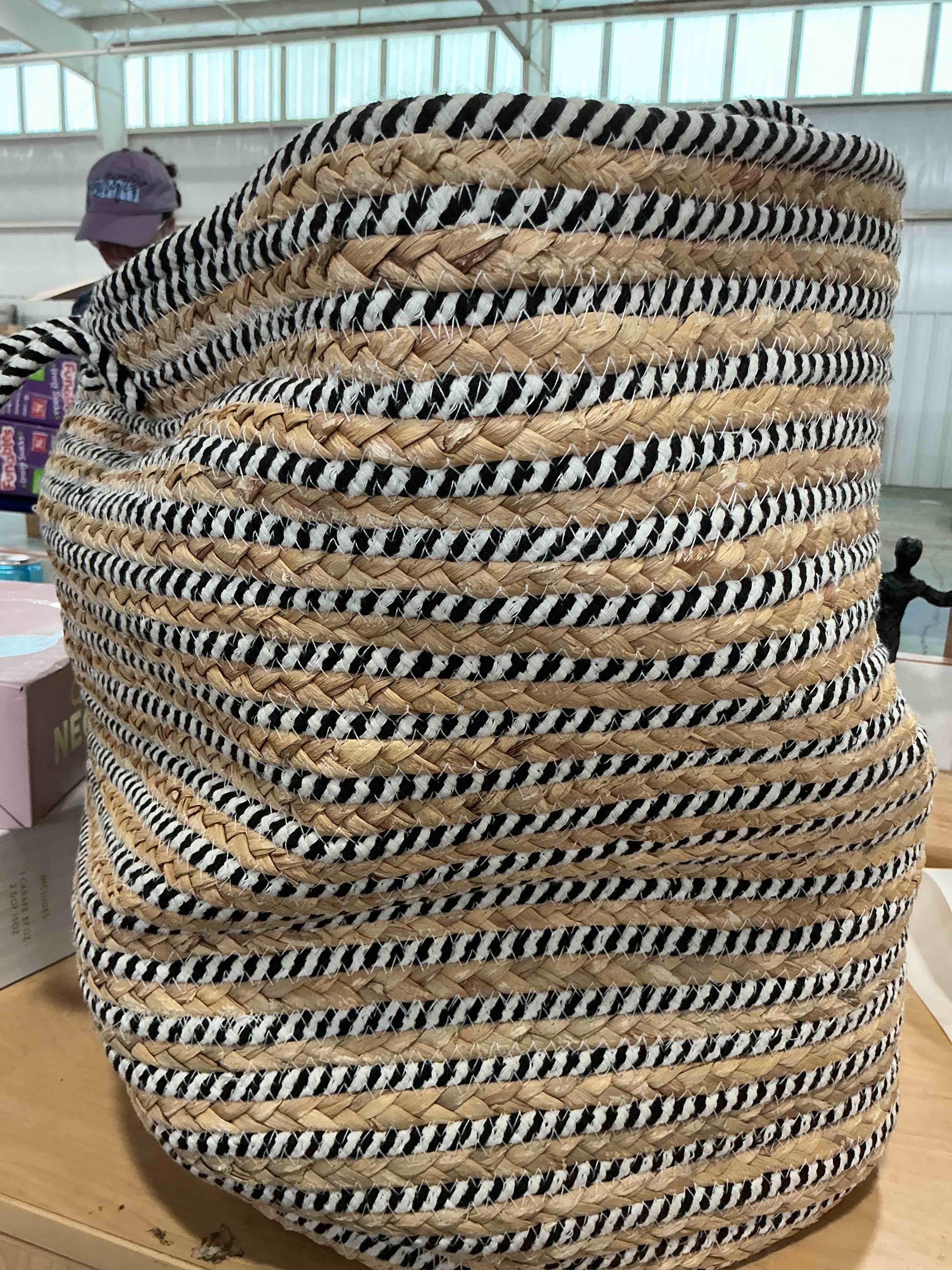 Condition photo showing New/Like New for megasket black woven laundry basket, tall basket for blankets, wicker hamper for bedroom aesthetic, decorative storage hamper for clothes, towel, rope storage bin for living room, bathroom