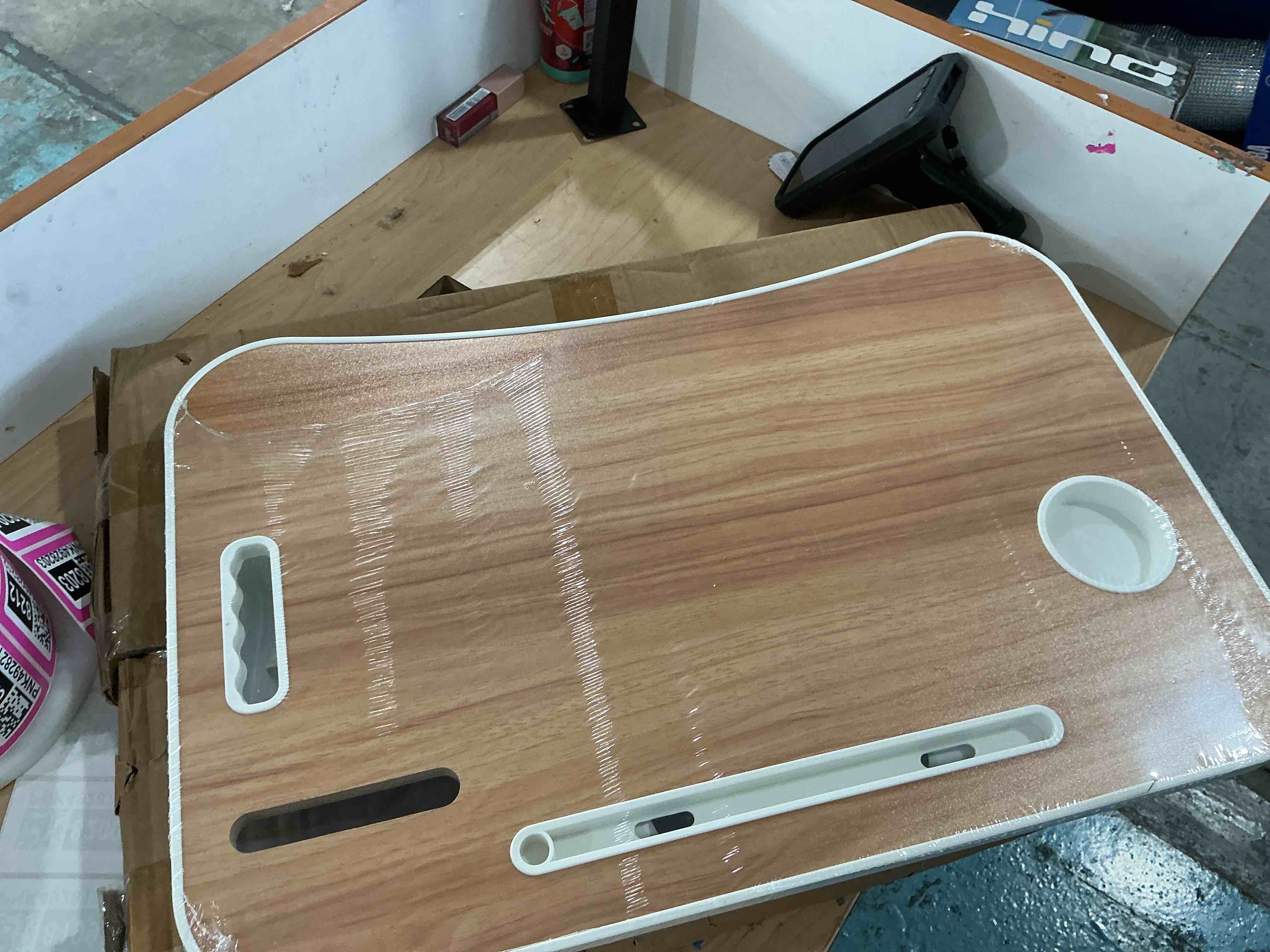 Condition photo showing New/Like New for laptop bed table with foldable legs & cup holder - portable lap desk for eating, working, writing on bed, sofa or floor, lightweight standing tray for laptop, breakfast, tablet, book (yellow)