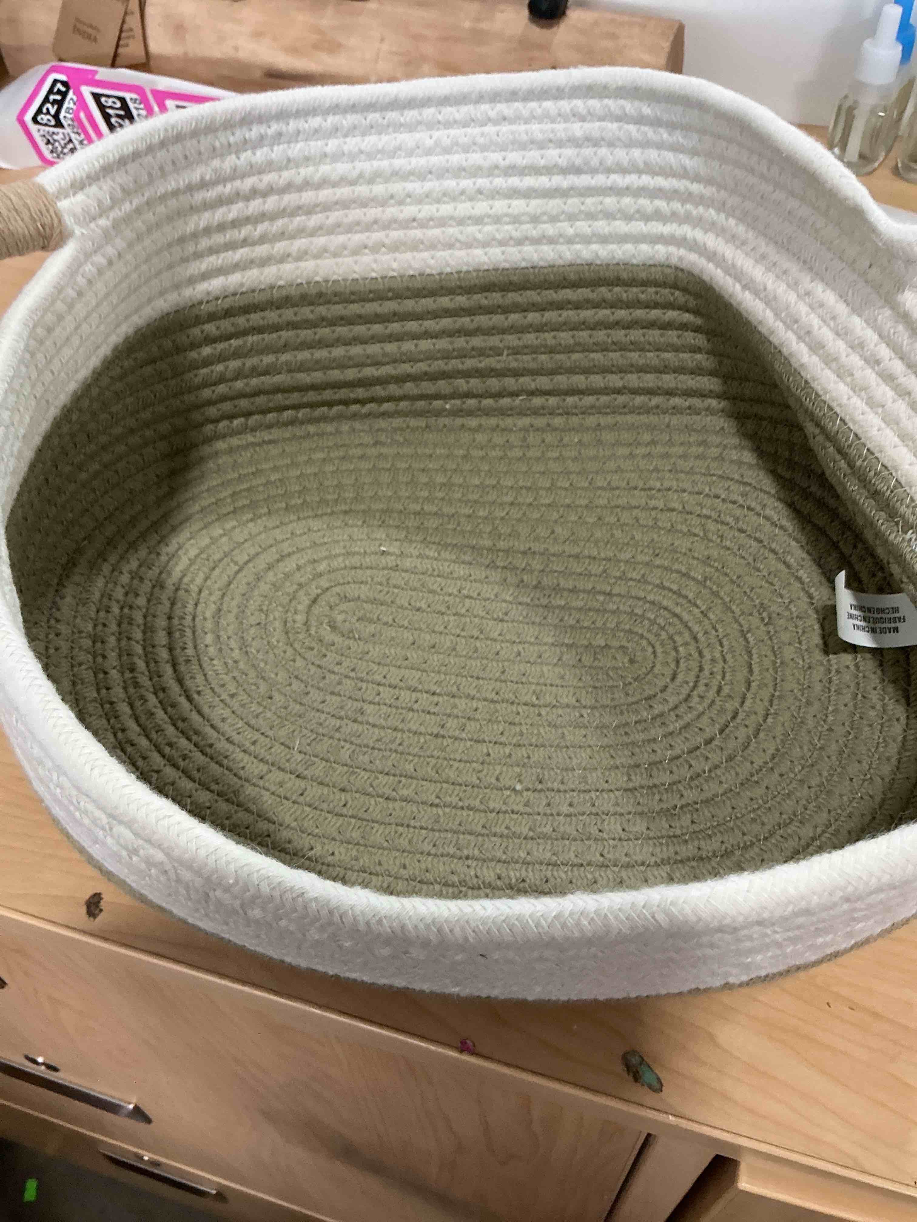 Condition photo showing Brand New for large woven blanket basket, cotton rope laundry basket hamper with handles, decorative nursery basket storage bin for toys, clothes organizer, living room, bedroom, bathroom, white & green