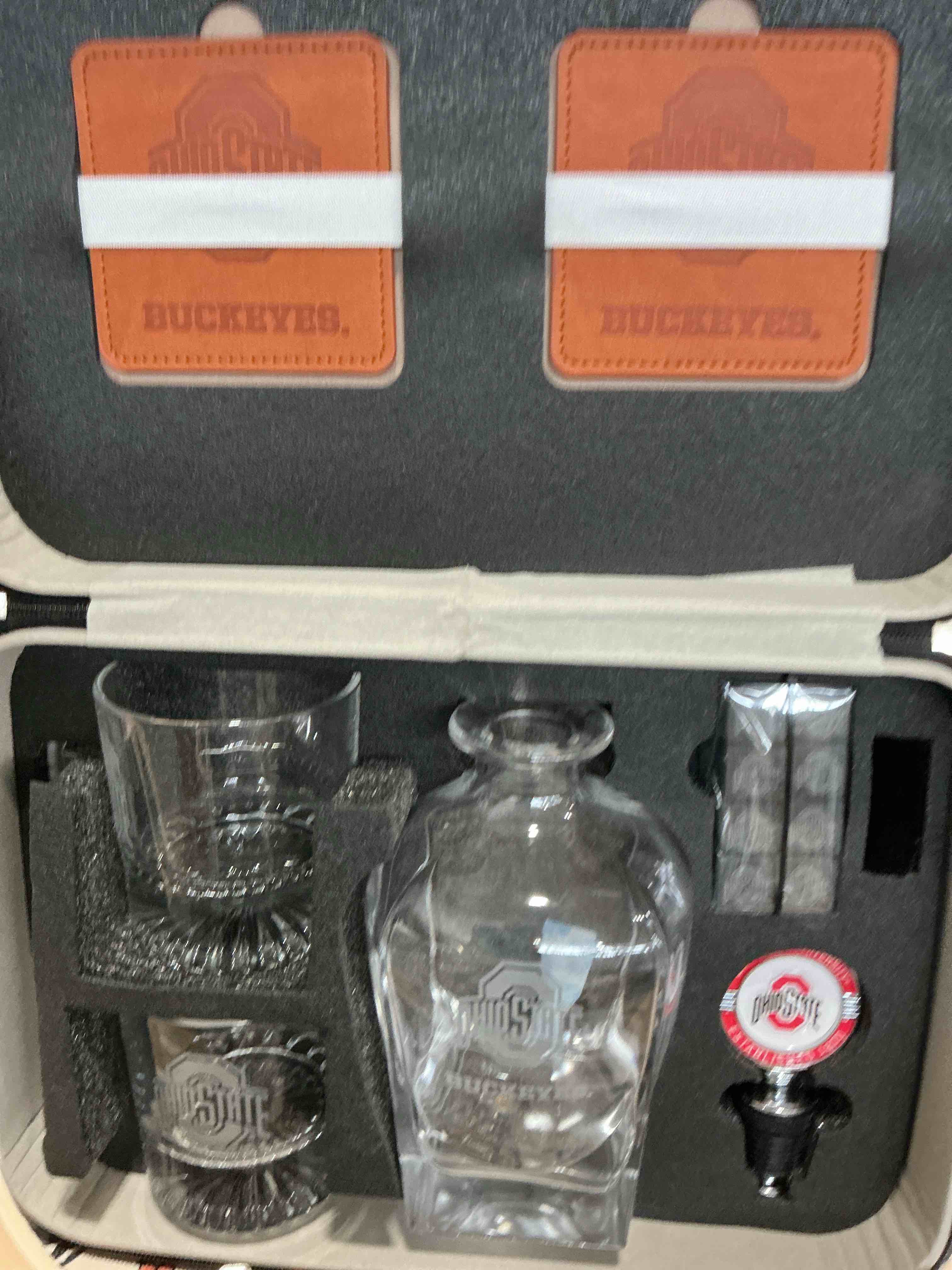 Condition photo showing Brand New for rfsj ohio state buckeyes 2-sided satin finish rock or whiskey glass set  with carrie case