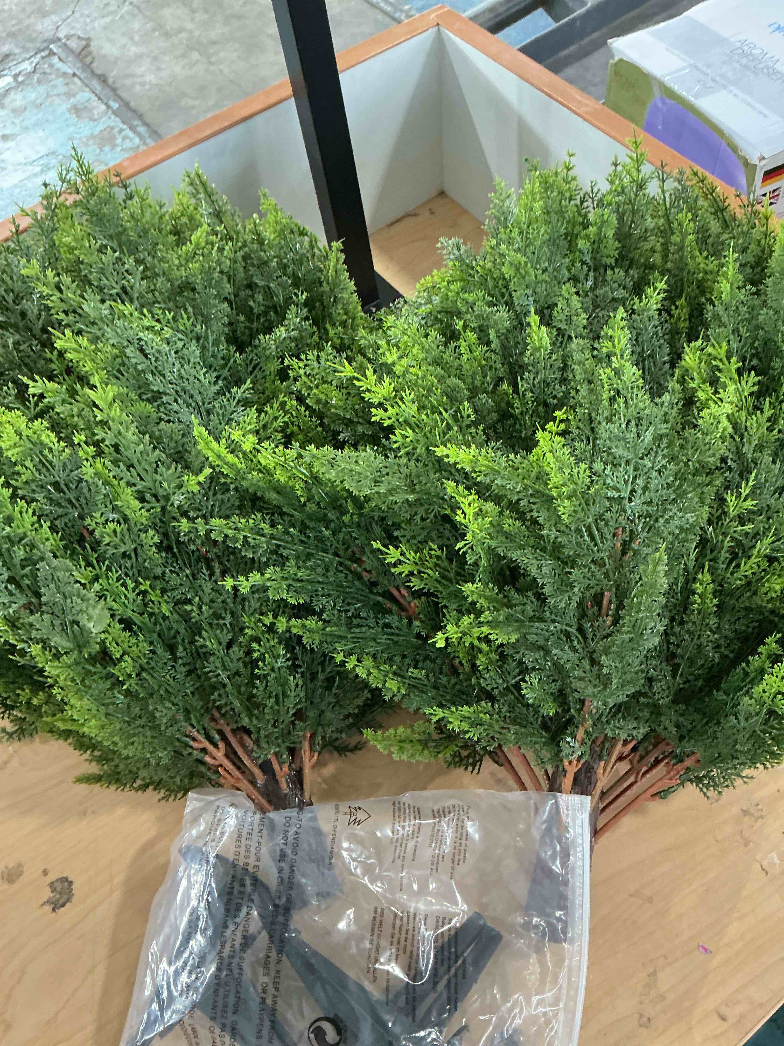 Condition photo showing New/Like New for artificial topiary cedar tree set of 2 fuax cypress trees 26'' artifcial boxwood bushes with ground spike uv protection fake shrubs for front porch balnocy garden decoration
