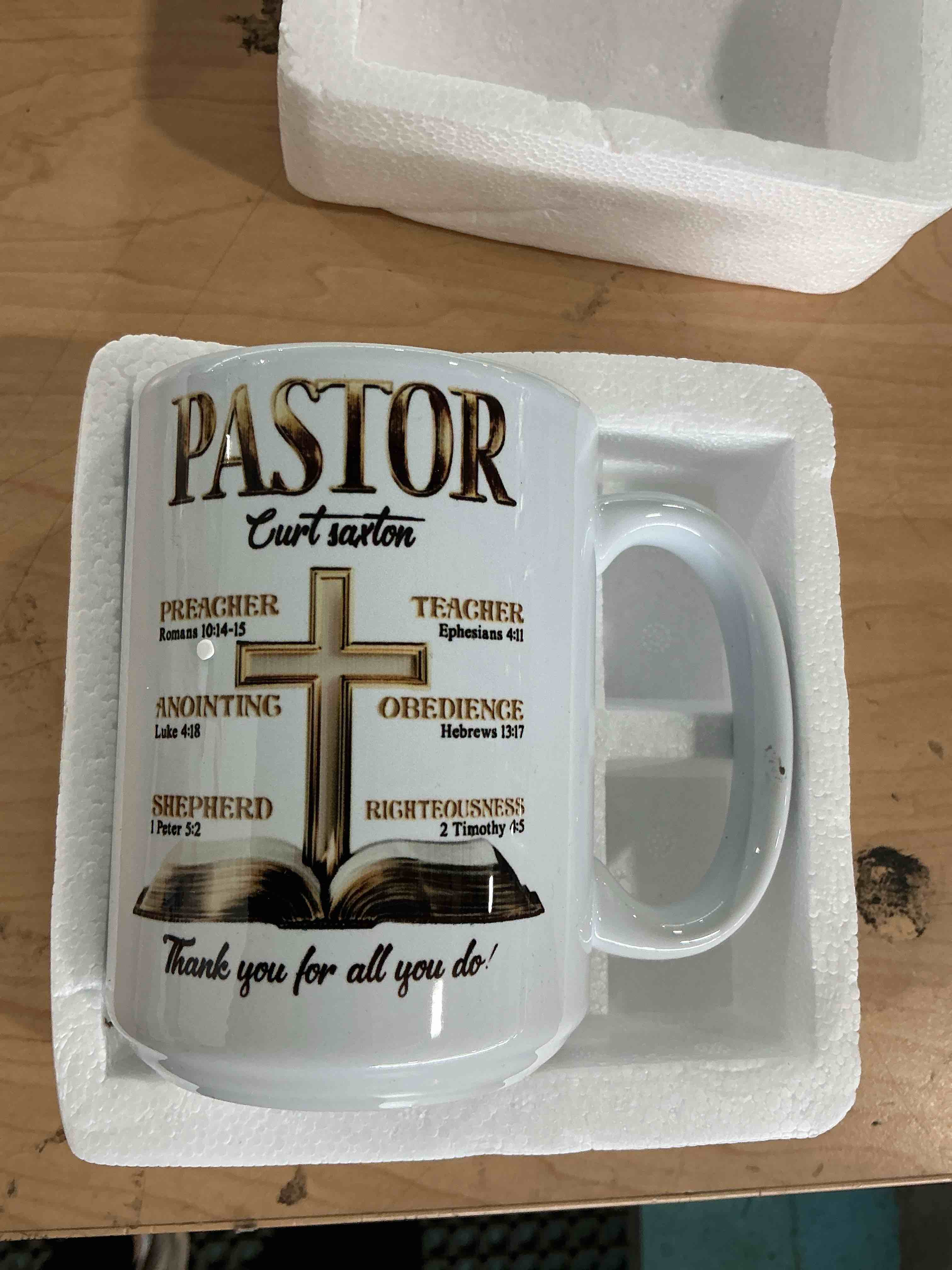 Condition photo showing Brand New for customized text / name pastor appreciation accent cup, my preacher teacher shepherd pastor white mug 11oz 15oz, personalized cross bible book inspirational coffee mug gift for christian religious (has a name on it)