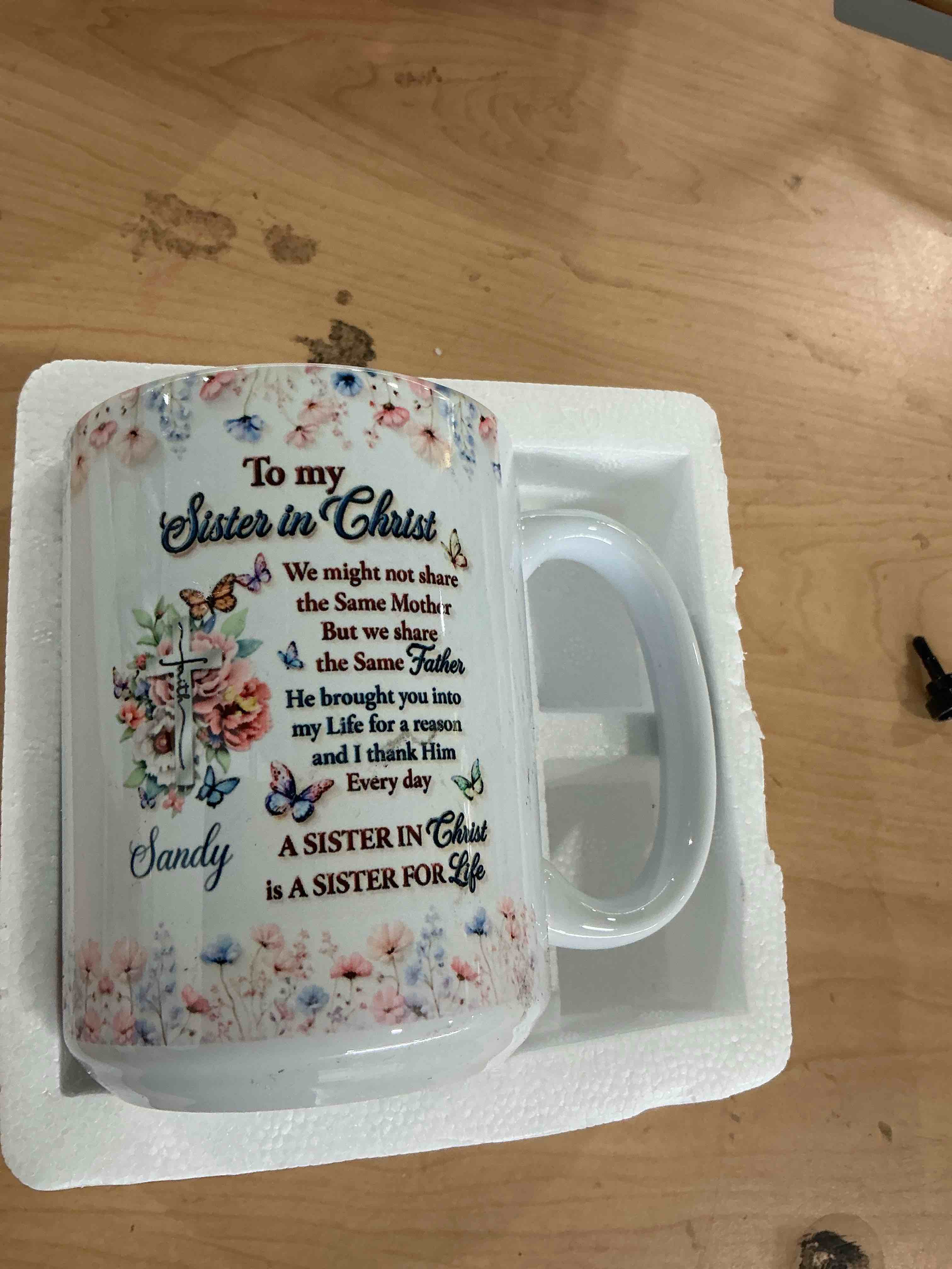 Condition photo showing Brand New for joymade ceramic coffee mug - to my sister in christ sandy