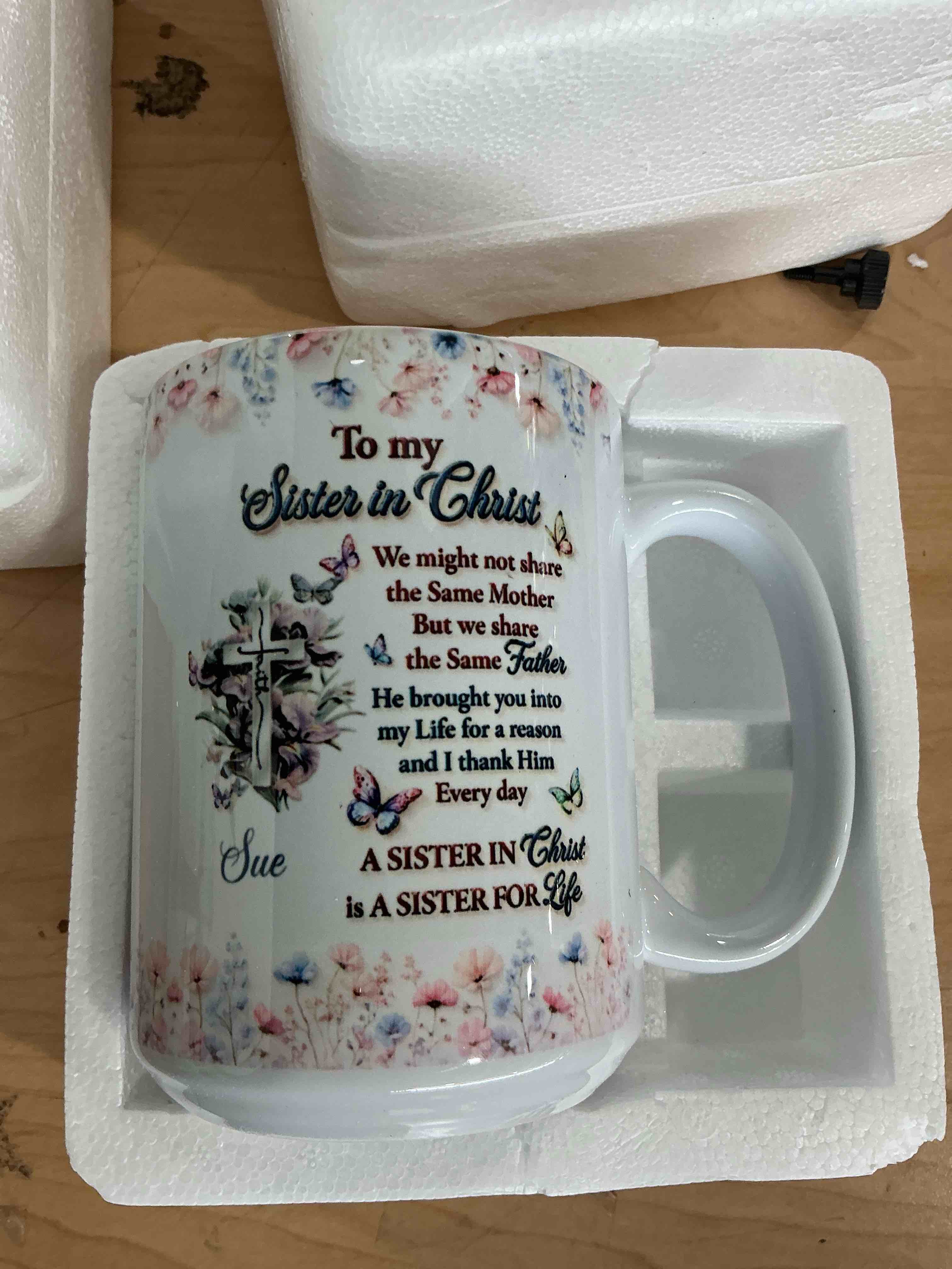 Condition photo showing Brand New for personalized sister in christ mug, custom name christian gift for sister, floral cross coffee mug, religious inspirational gift, birthday christian gifts for women, sisters sue