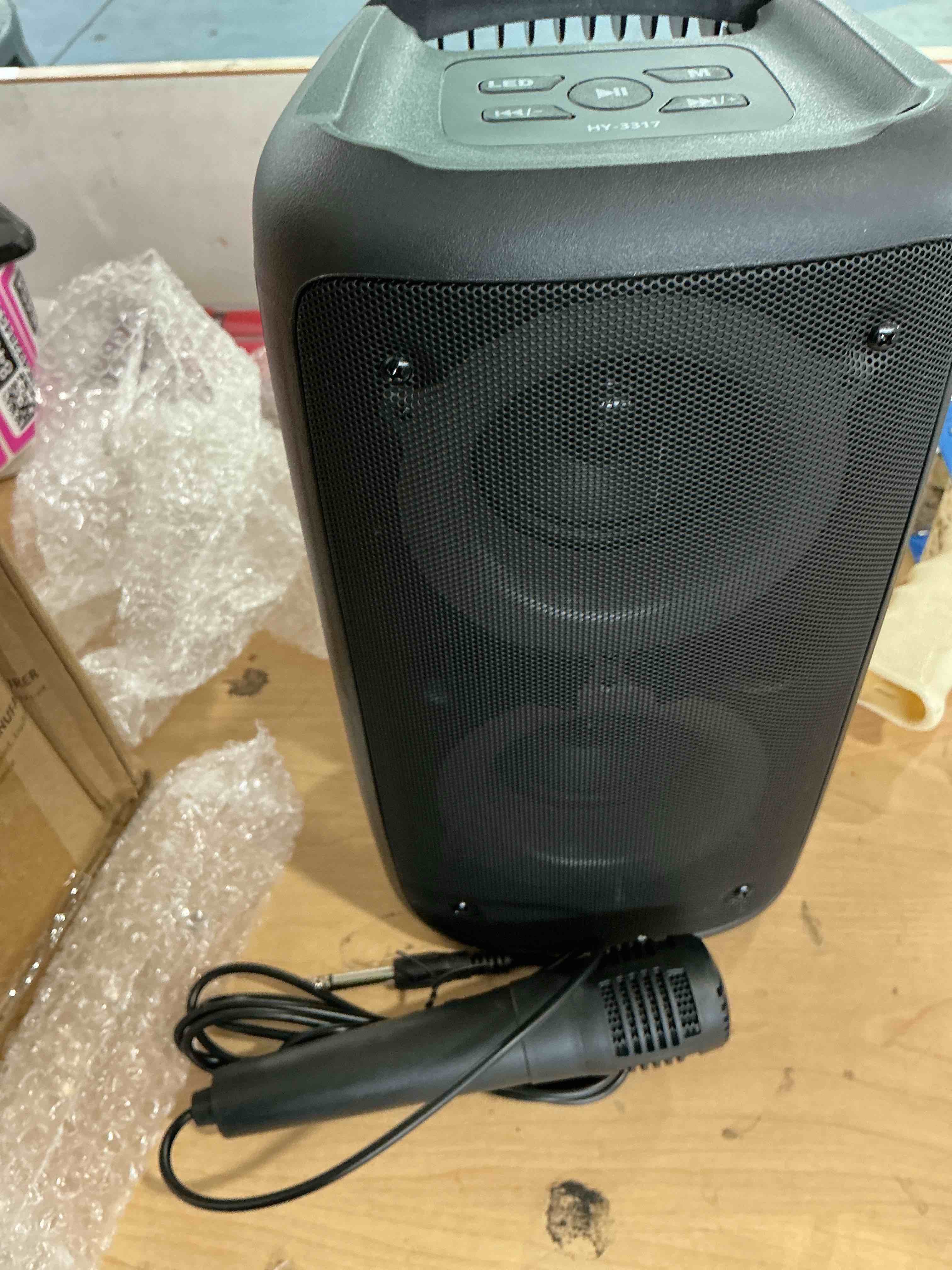 Condition photo showing New/Like New for portable bluetooth speaker with 1 wireless mics, 1 bass, ipx5 waterproof, tws pairing, rgb lights, 8h playtime, tf card/aux/usb, outdoor party speaker, ideal gifts