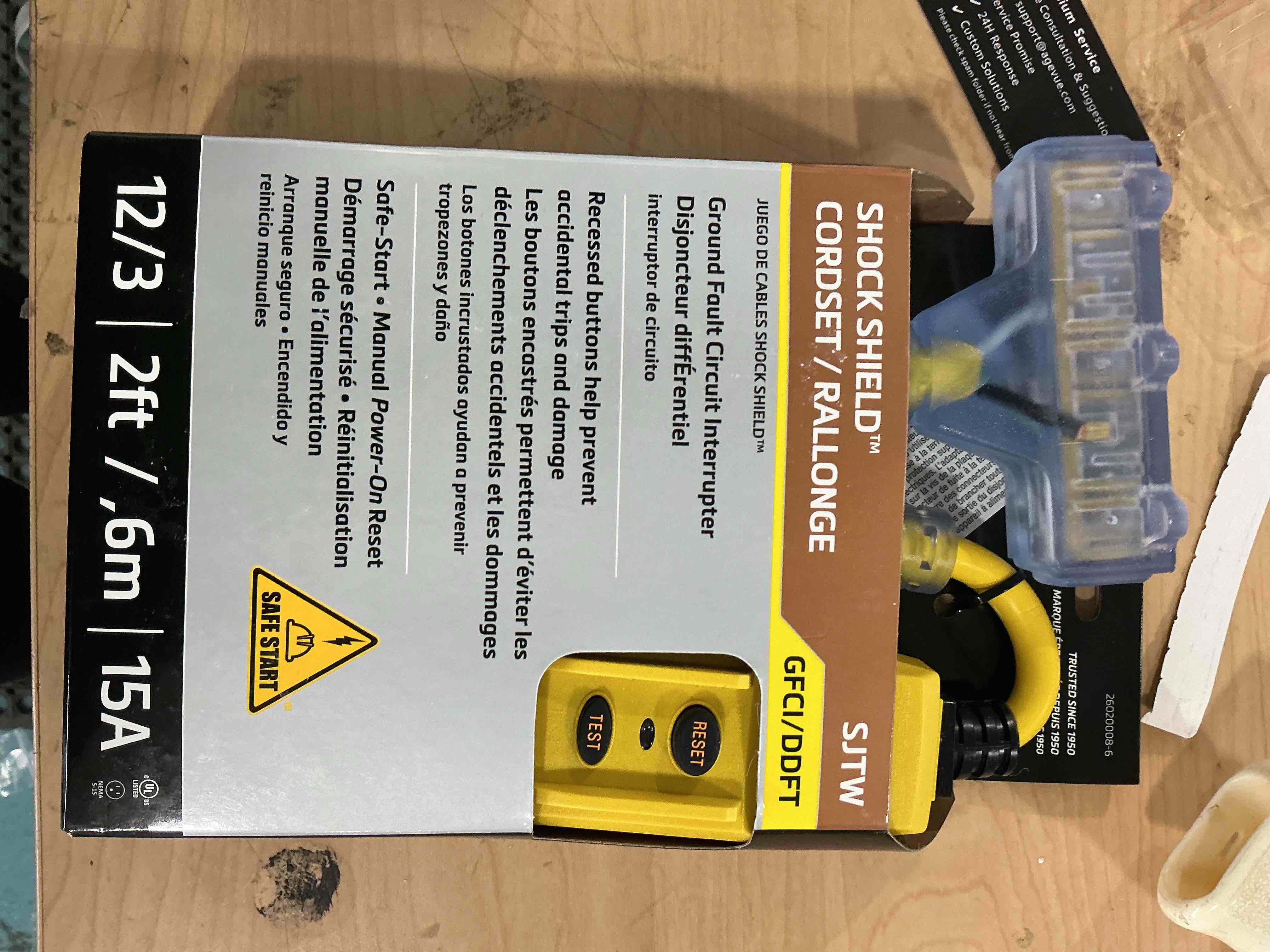 Condition photo showing New/Like New for southwire shock shield 15a inline gfci - 12/3 2' cord - lit tri-source end - ground fault protection - manual reset - durable electric cord