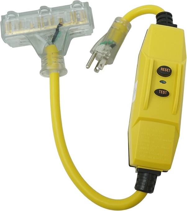 southwire shock shield 15a inline gfci - 12/3 2' cord - lit tri-source end - ground fault protection - manual reset - durable electric cord