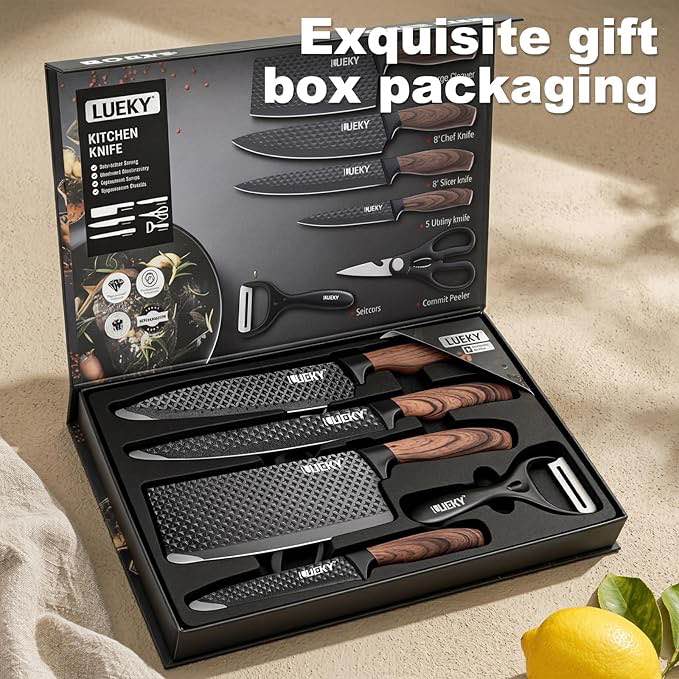 knife set, 6 pieces kitchen knife set with healthy anti-rust coating, stainless steel professional chef knife sets with elegant box, kitchen knives with scissors & peeler for cooking, dishwasher safe