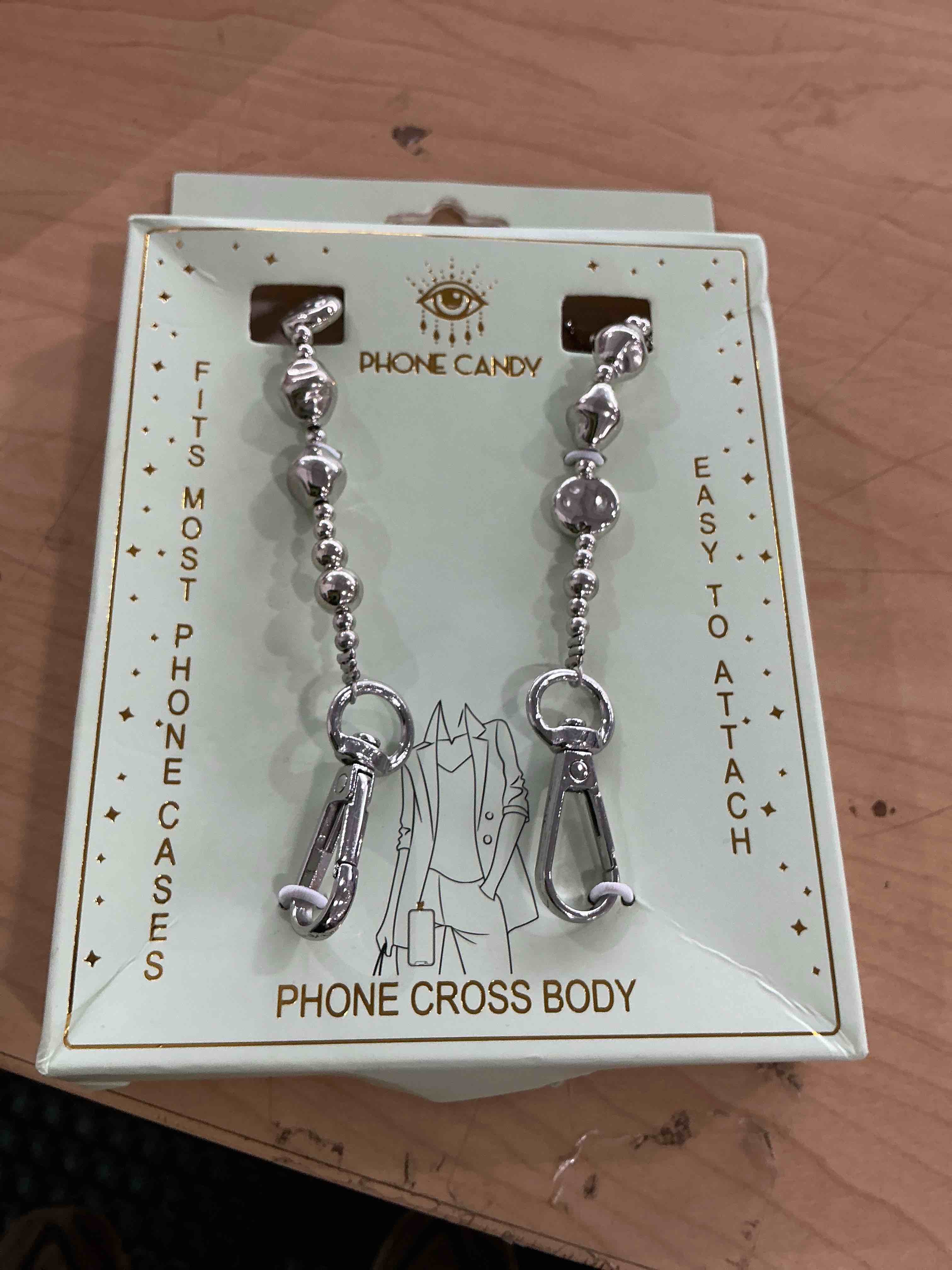 Condition photo showing New/Like New for moko phone chain crossbody, metal cell phone lanyard, universal phone lanyard strap for iphone, samsung, most smartphones, phone crossbody strap × 1, wrist strap x 1, lanyard patches × 2, silver