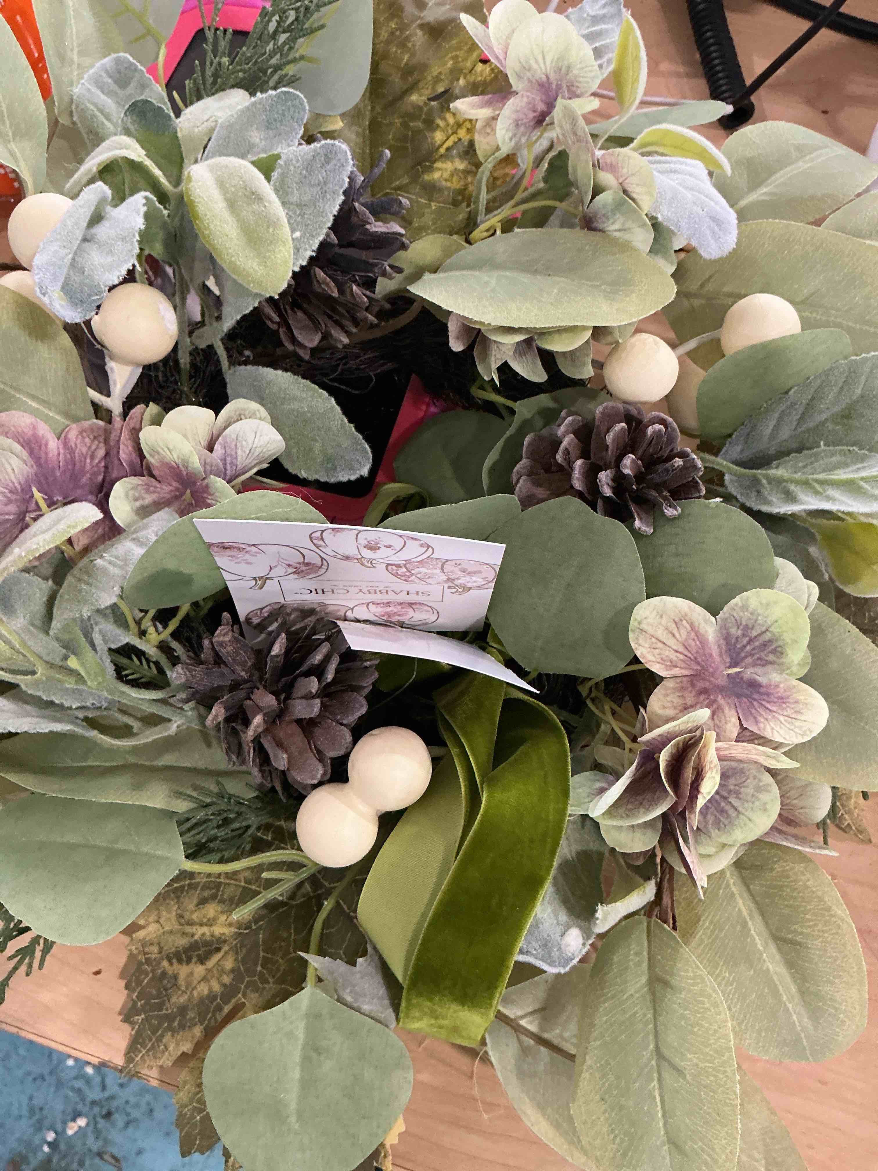 Condition photo showing New/Like New for artificial green eucalyptus wreath,15 inches greenery wreath with clusters of white flowers mini spring/summer wreath for front door wall window decor