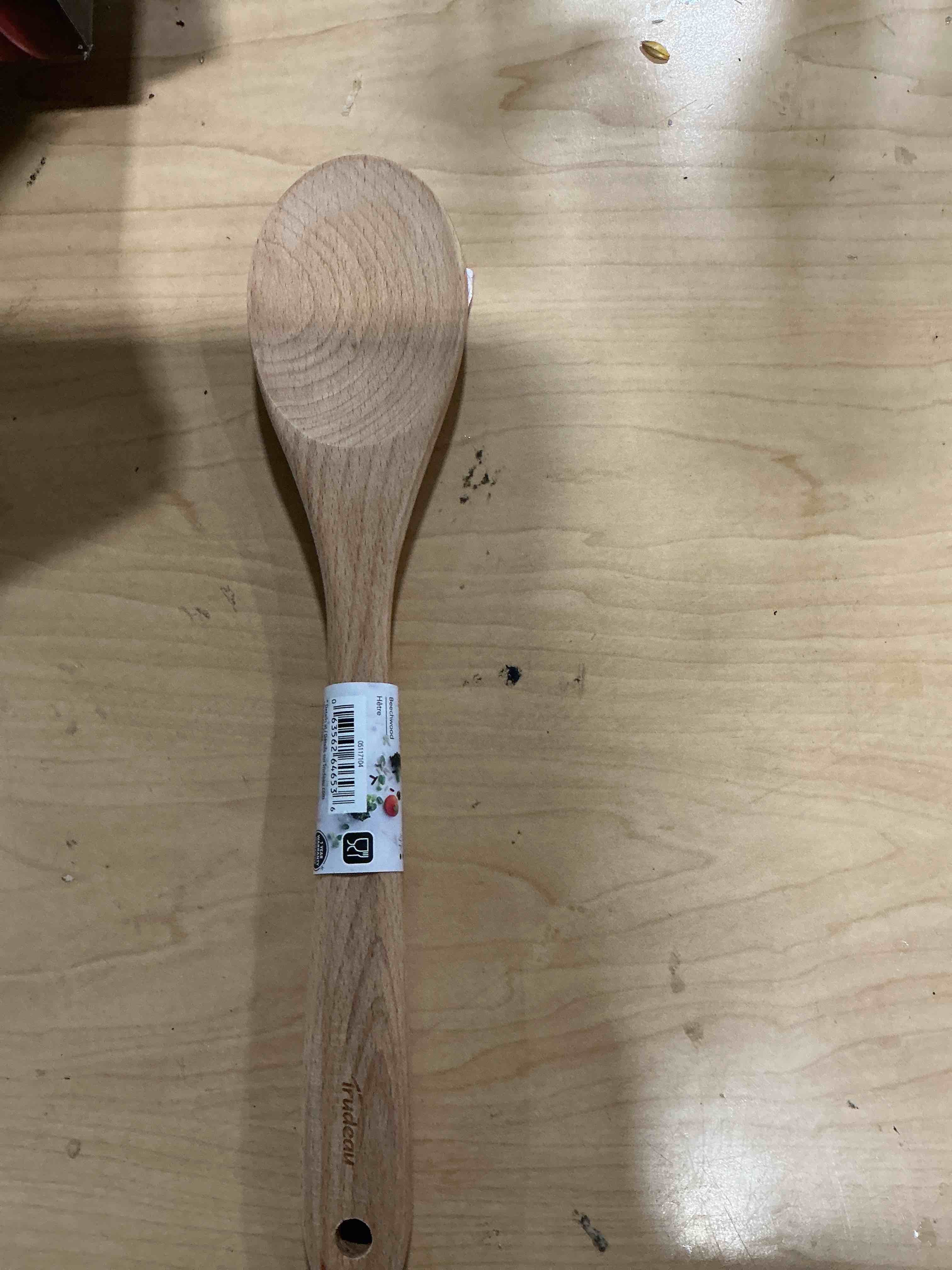 Condition photo showing New/Like New for wood spoon, healthy acacia wooden cooking spoons, durable kitchen serving spoon scooper, non scratch wood ladle tableware for cooking, serving salad, stirring soup, easy to use