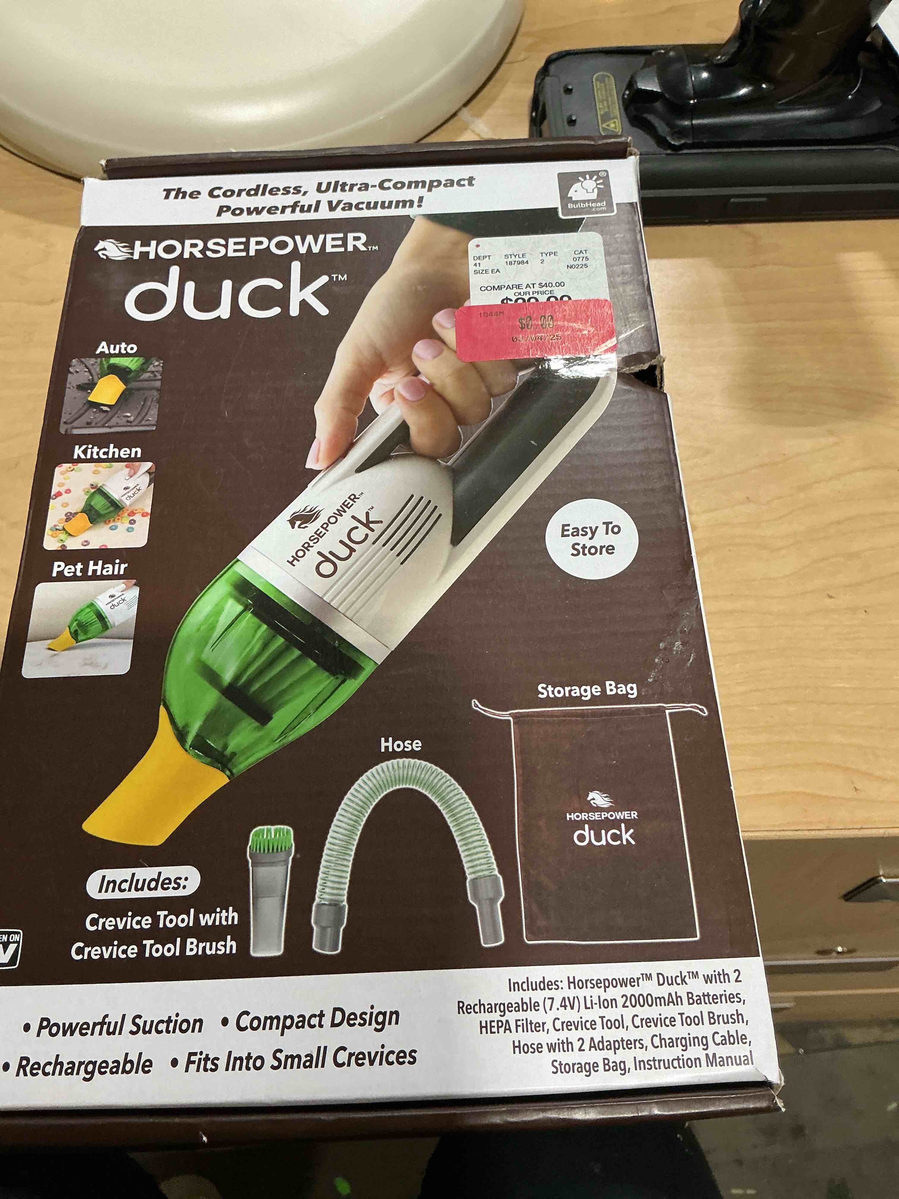 Condition photo showing New/Like New for horsepower duck compact cordless vacuum, ultra-powerful upgraded battery for extra-long run time, as seen on tv, strong suction, easy to store, portable & rechargeable. home & auto (duck basic) regular battery life