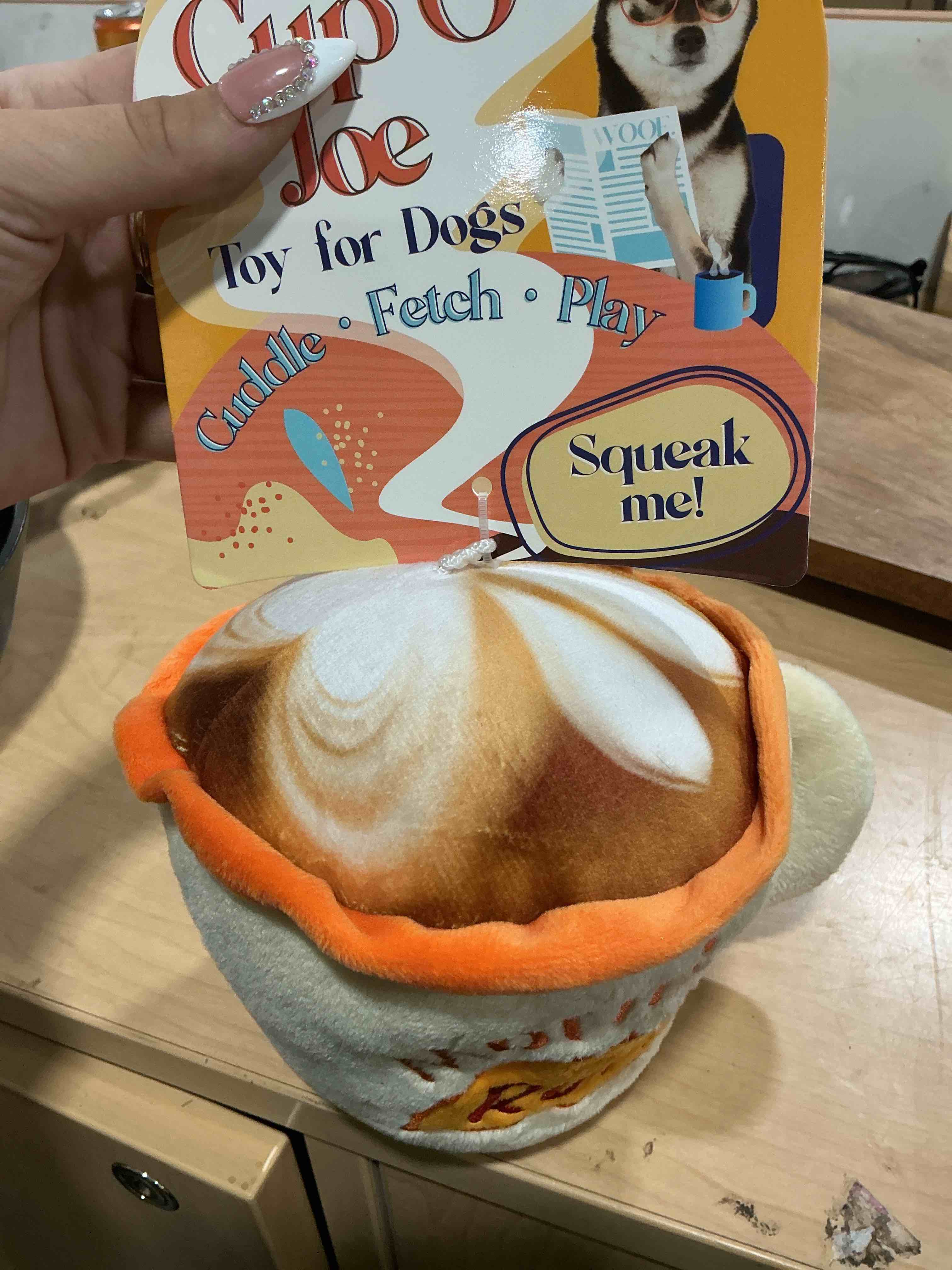 Condition photo showing New/Like New for kenneth cole plush dog toys - pizza, hot dog & coffee cup - stylish, durable squeaky toys for small & medium dogs