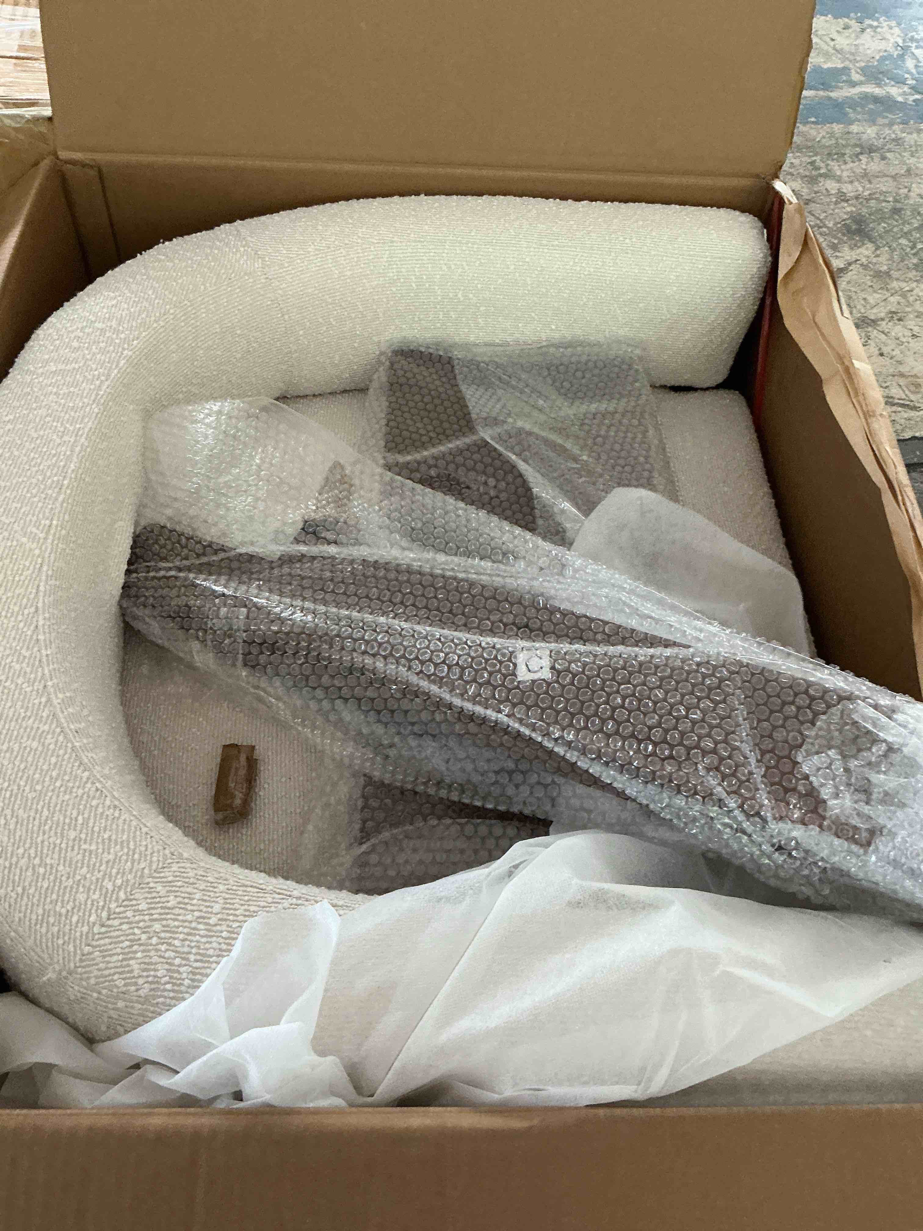 Condition photo showing New/Like New for christopher knight home nettie modern accent chair for living room, boucle fabric single lounge sofa chair with wooden frame, comfy reading chair for bedroom, lounge armchair with soft cushion, beige