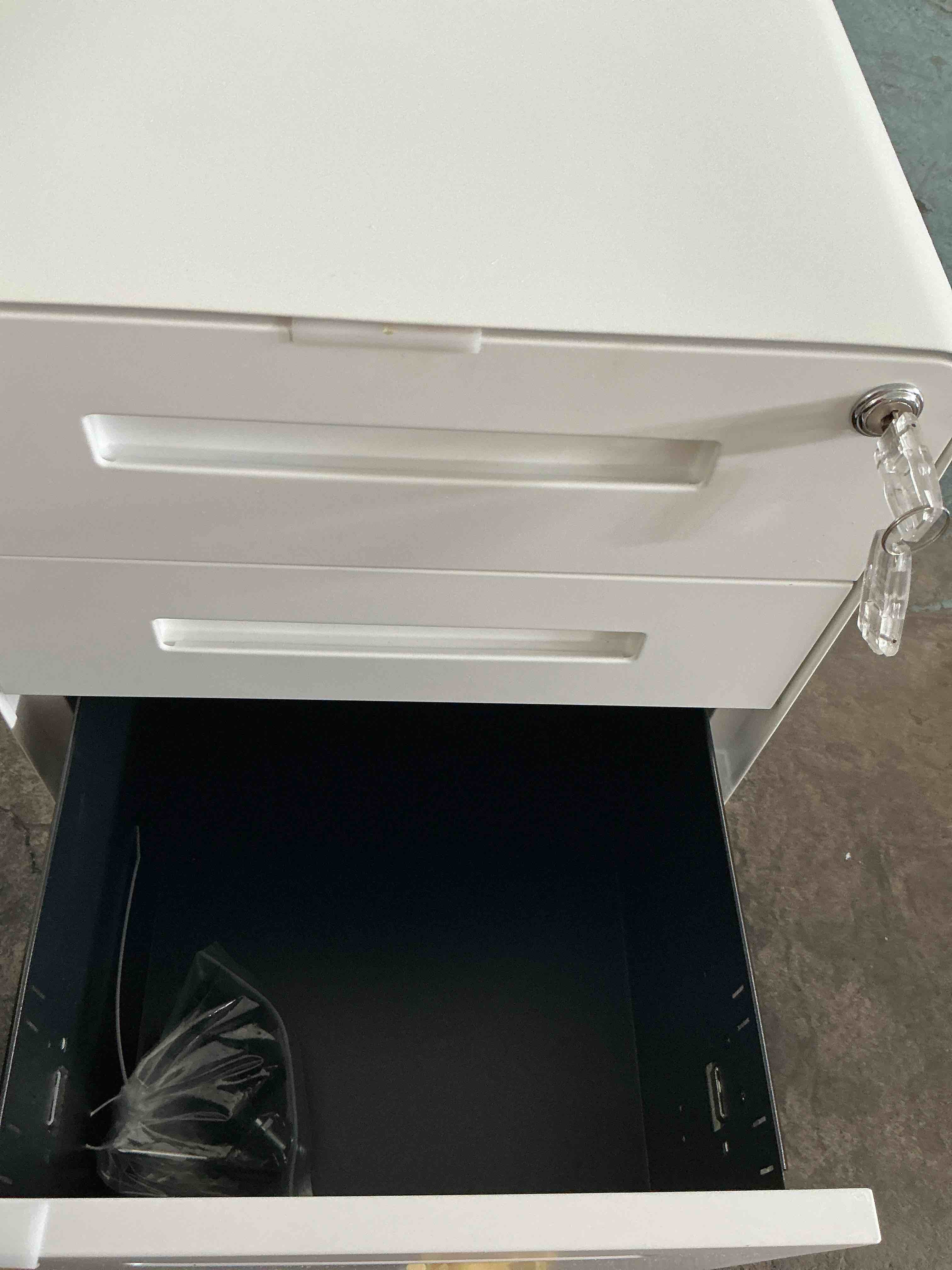 Condition photo showing New/Like New for laura davidson furniture stockpile 3 drawer file cabinet with lock - under office desk metal filing cabinet, legal/letter file folders, wheels and stationary feet, pre-assembled, white