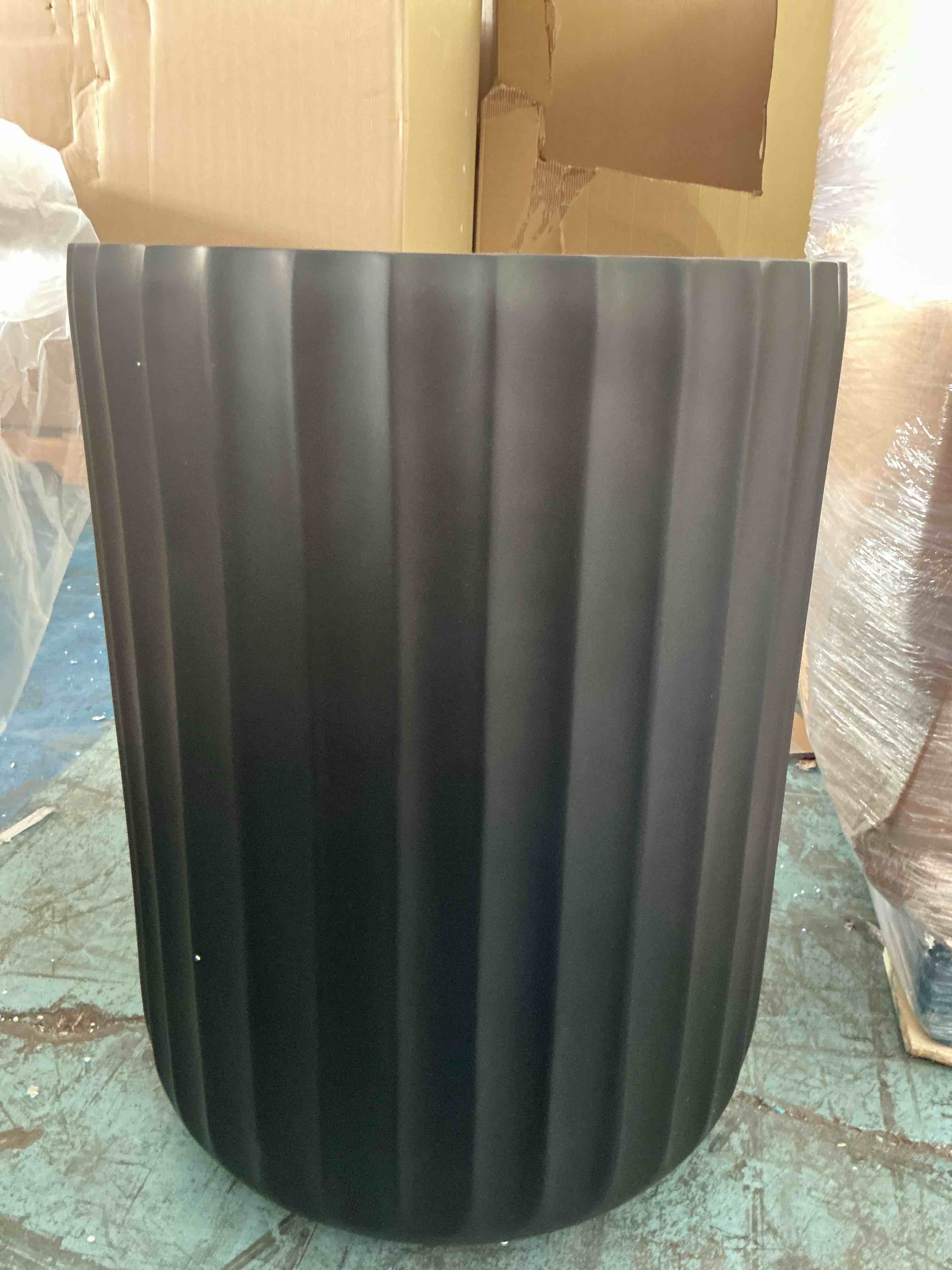 Condition photo showing New/Like New for kante tall fulted planter black, 17.7 inch tall round concrete plant pots with drainage hole and rubber plug, modern decor for indoor outdoor plants, flower, weathered concrete blck