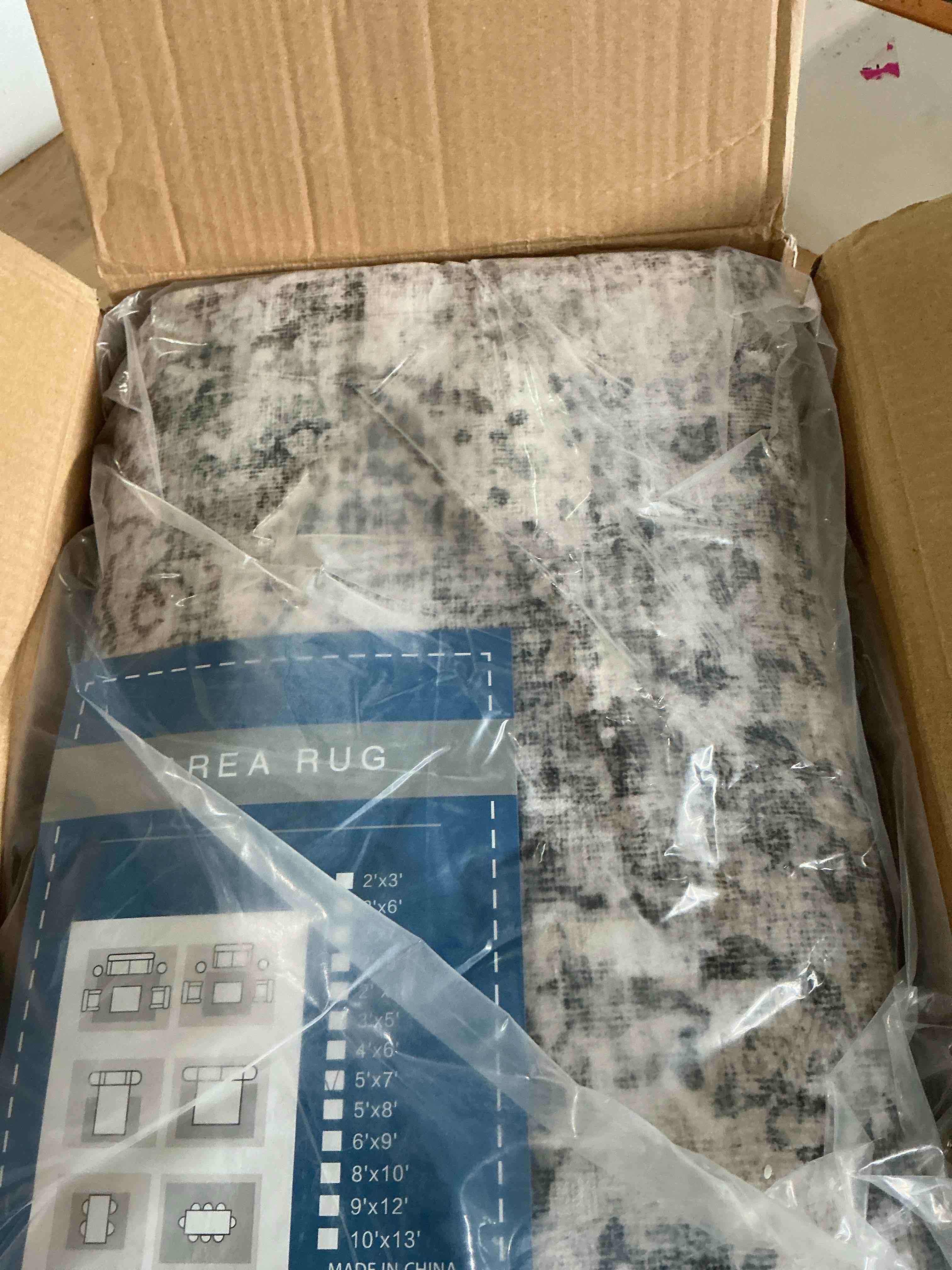 Condition photo showing New/Like New for soalmost 5x7 area rugs gray low pile indoor washable trendy faded style rugs for bedroom living room dining room foldable non-slip thin grey print mat