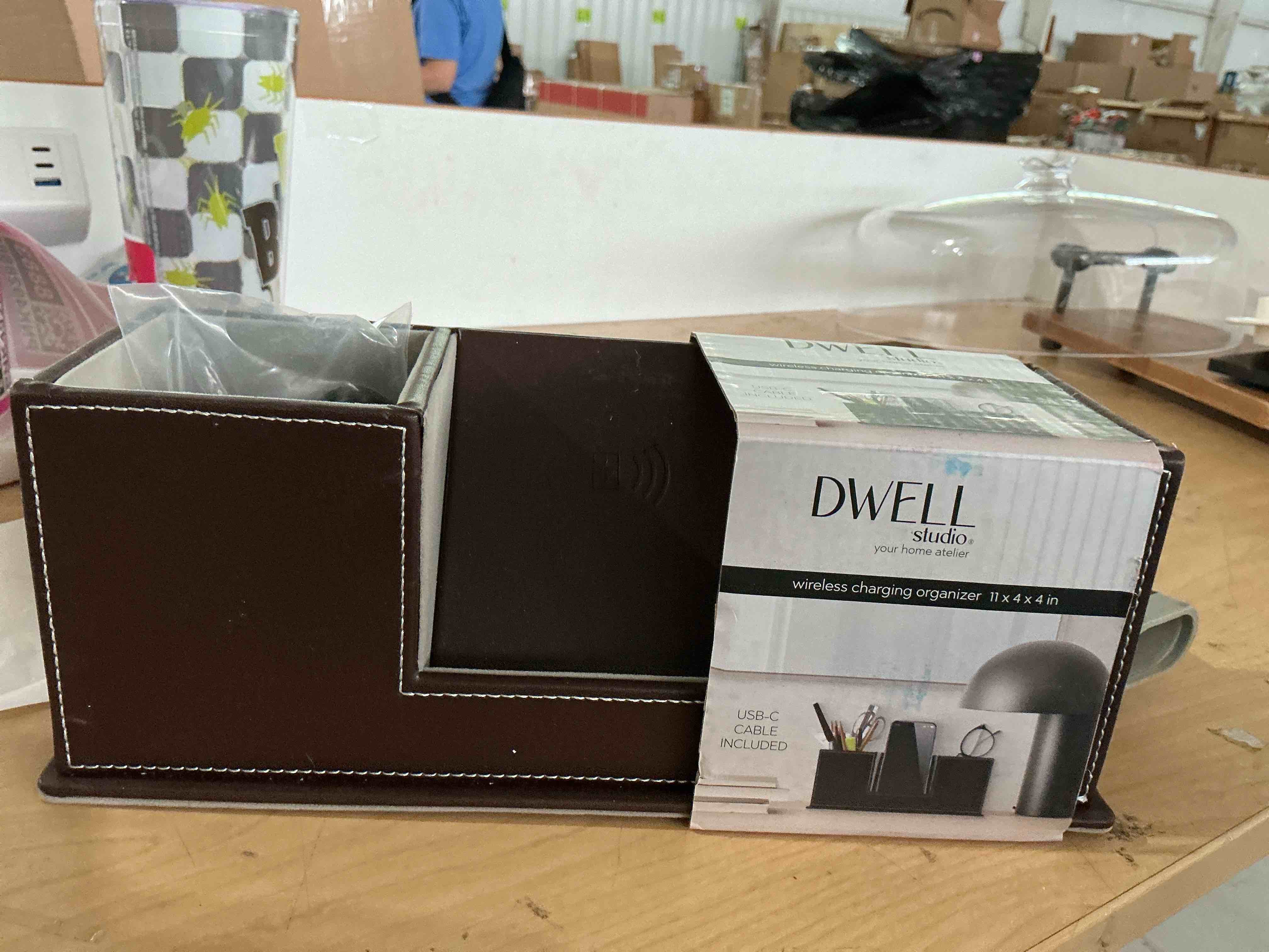 Condition photo showing New/Like New for kingfom™ double holder wood leather multi-function desk stationery organizer dark brown