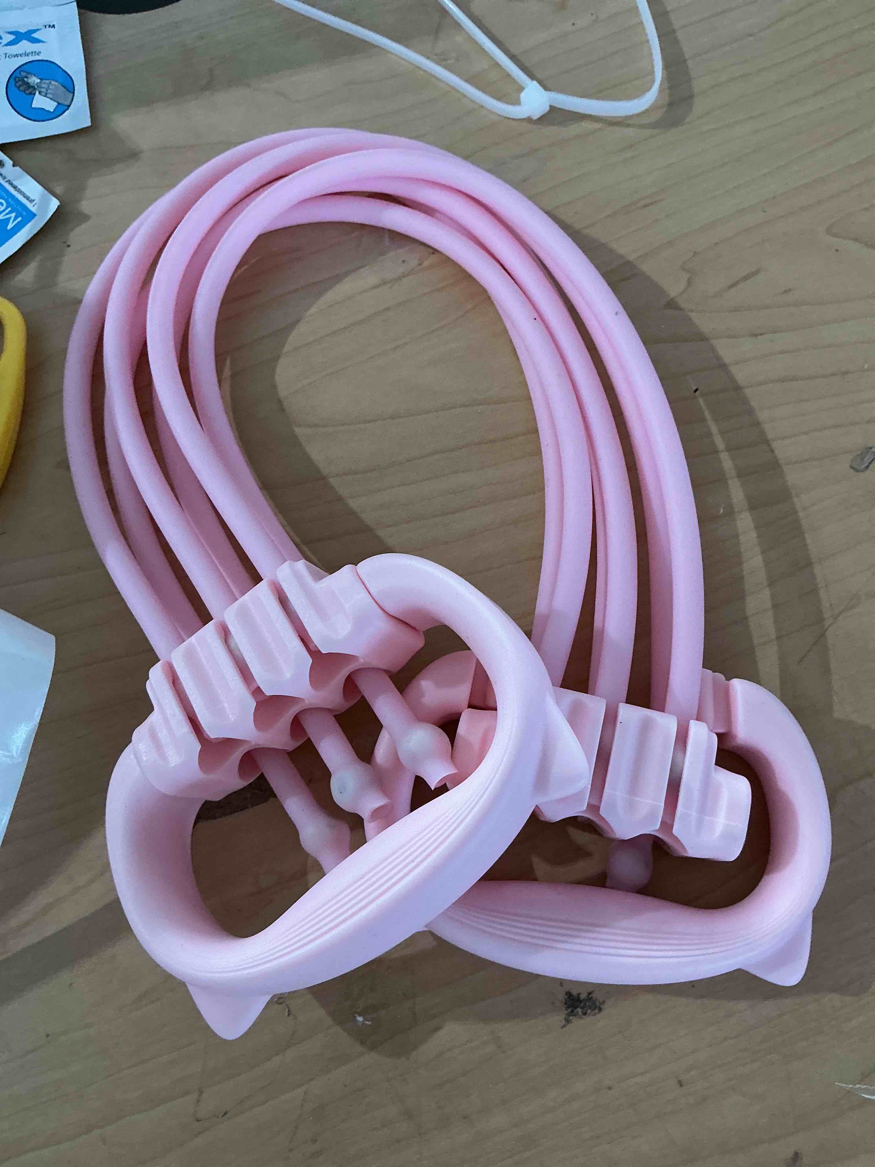 Condition photo showing New/Like New for figure 8 resistance bands, 6 adjustable elastic fitness bands, suitable for abdominal, back, shoulders, and chest workouts