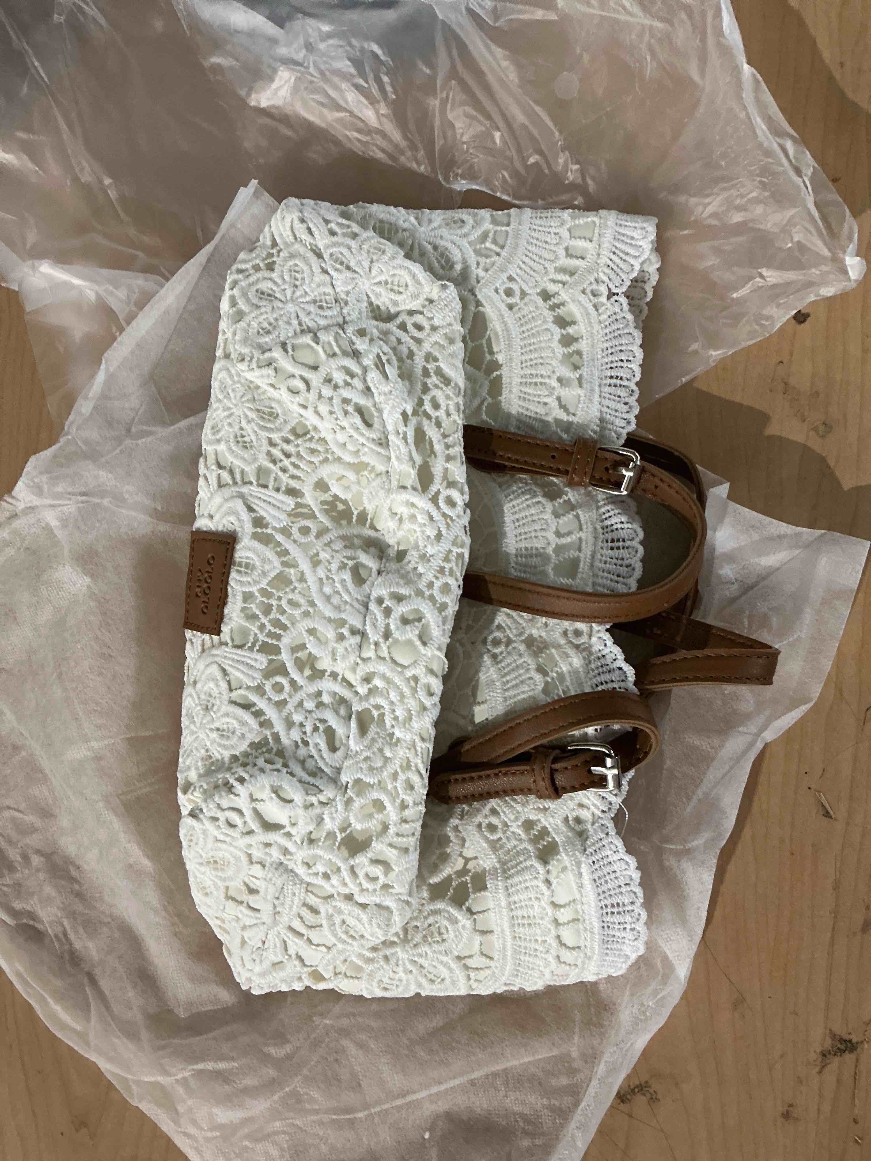 Condition photo showing New/Like New for women’s handbag, white white glaze, tote bag, brown leather shoulder, lace bag, sweet style lace, small tote