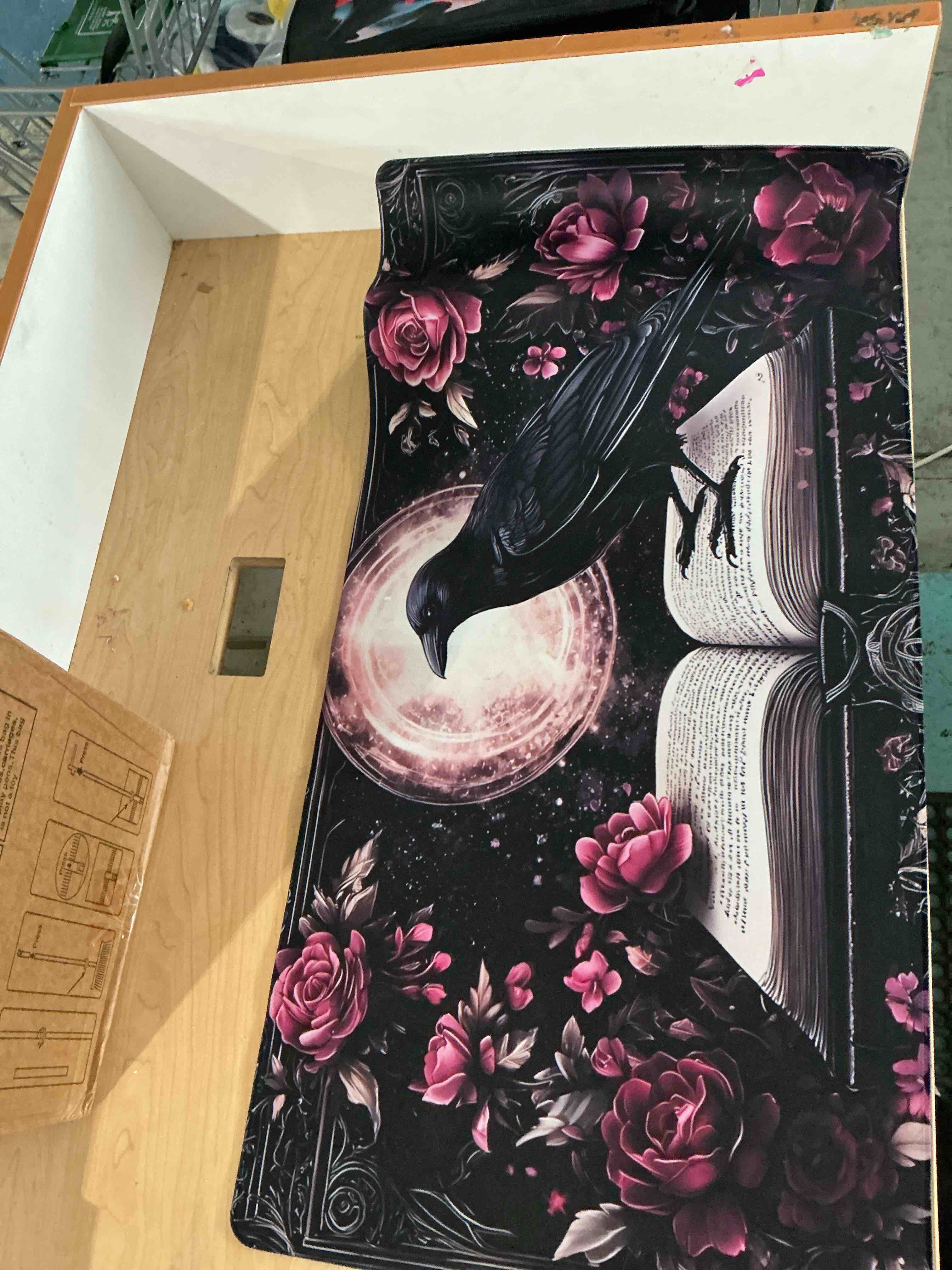 Condition photo showing New/Like New for witchy dark academia mouse pad which fantasy raven desk mat gothic plural books tomes& flowers, botanical large gaming mat office decor