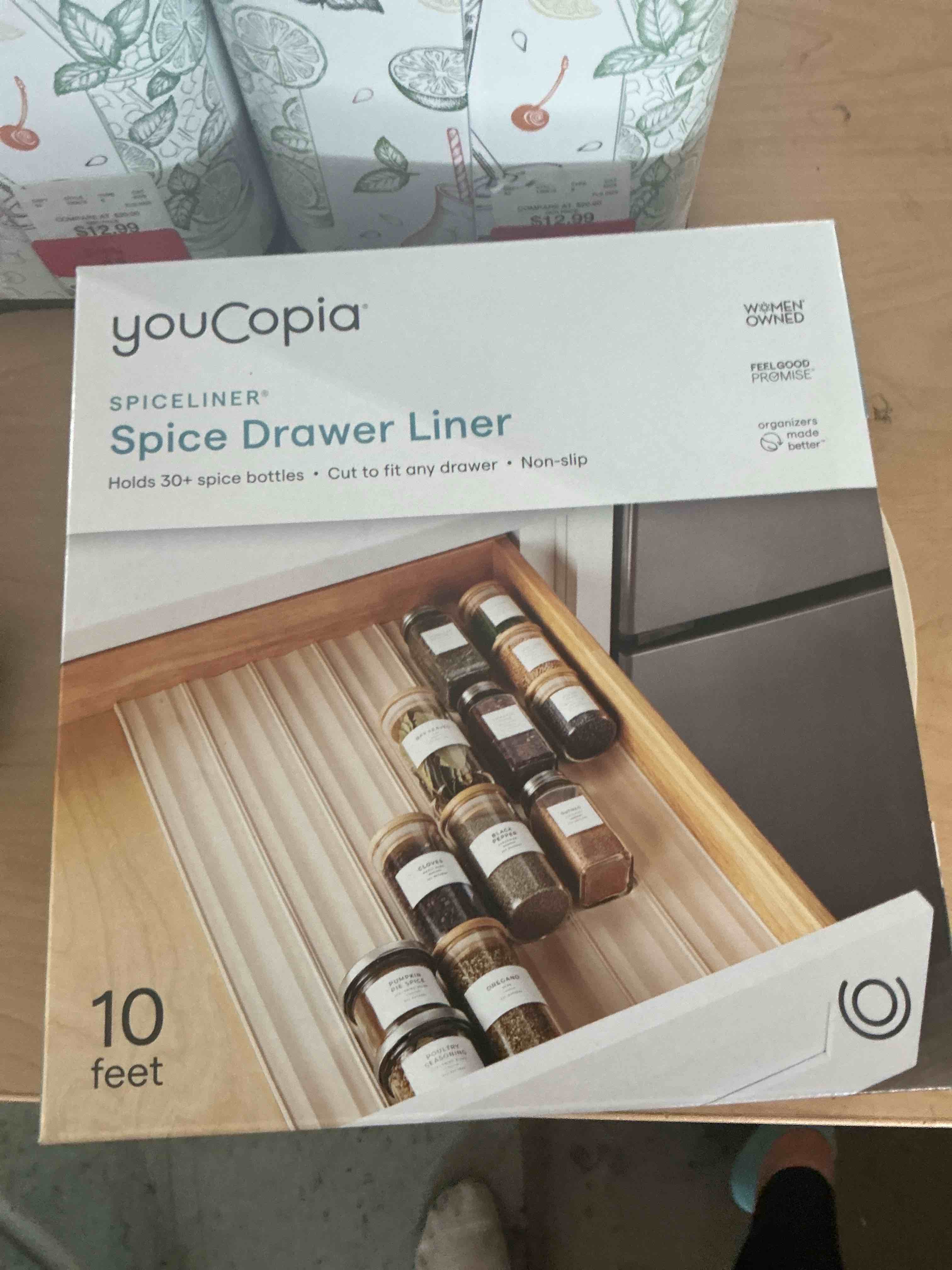 Condition photo showing New/Like New for youcopia spiceliner adjustable spice drawer liner, 10ft roll, sandstone, seasoning and spices bottle organizer insert sandstone 2.5"w x 120"l