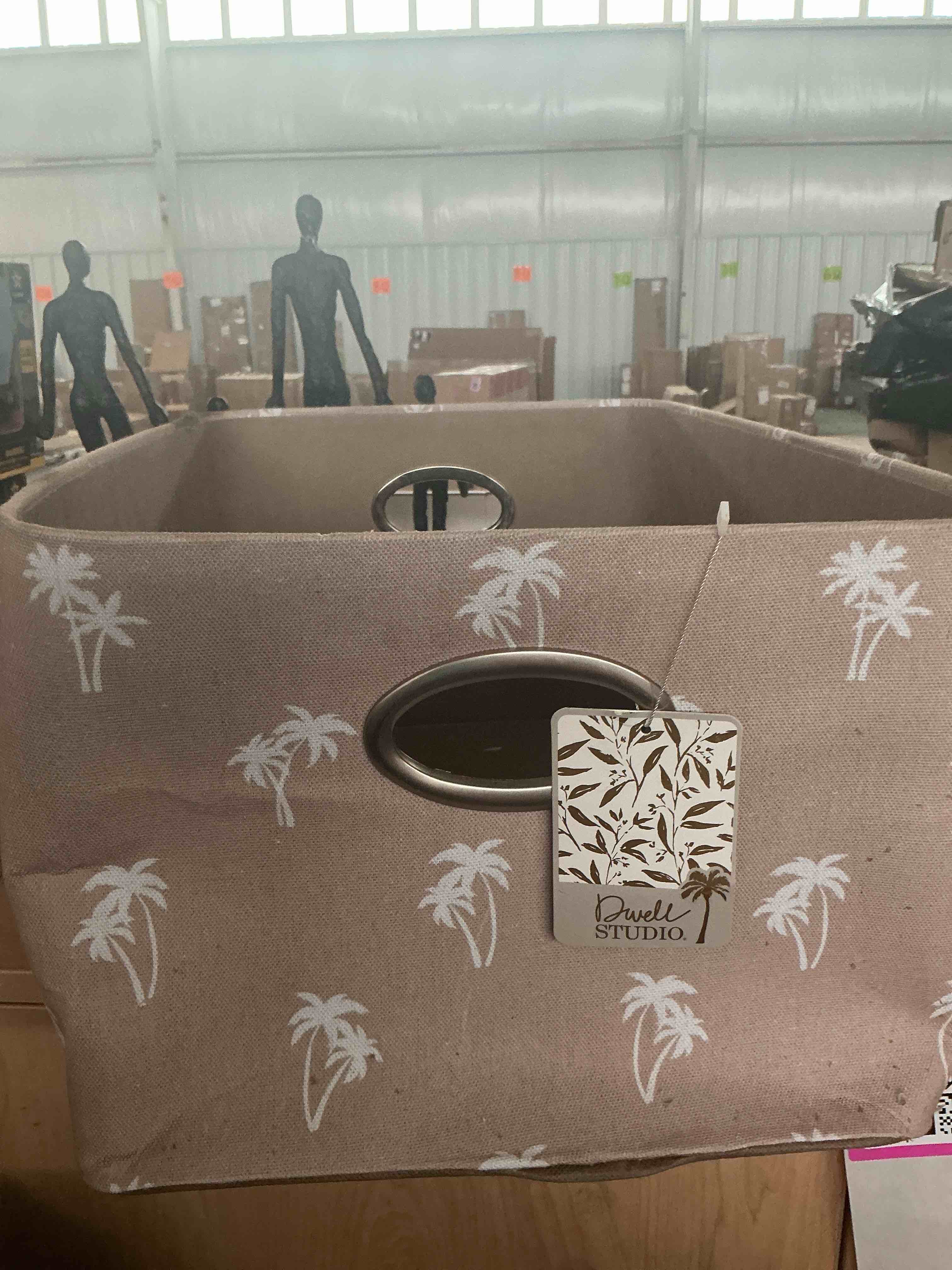 Condition photo showing New/Like New for foldable fabric storage basket for shelves, linen decorative storage bin with wooden handles, small organizer cube for closet, rectangle canvas box for organizing, decor, 15x10.6x6 inches (beige) with palm trees