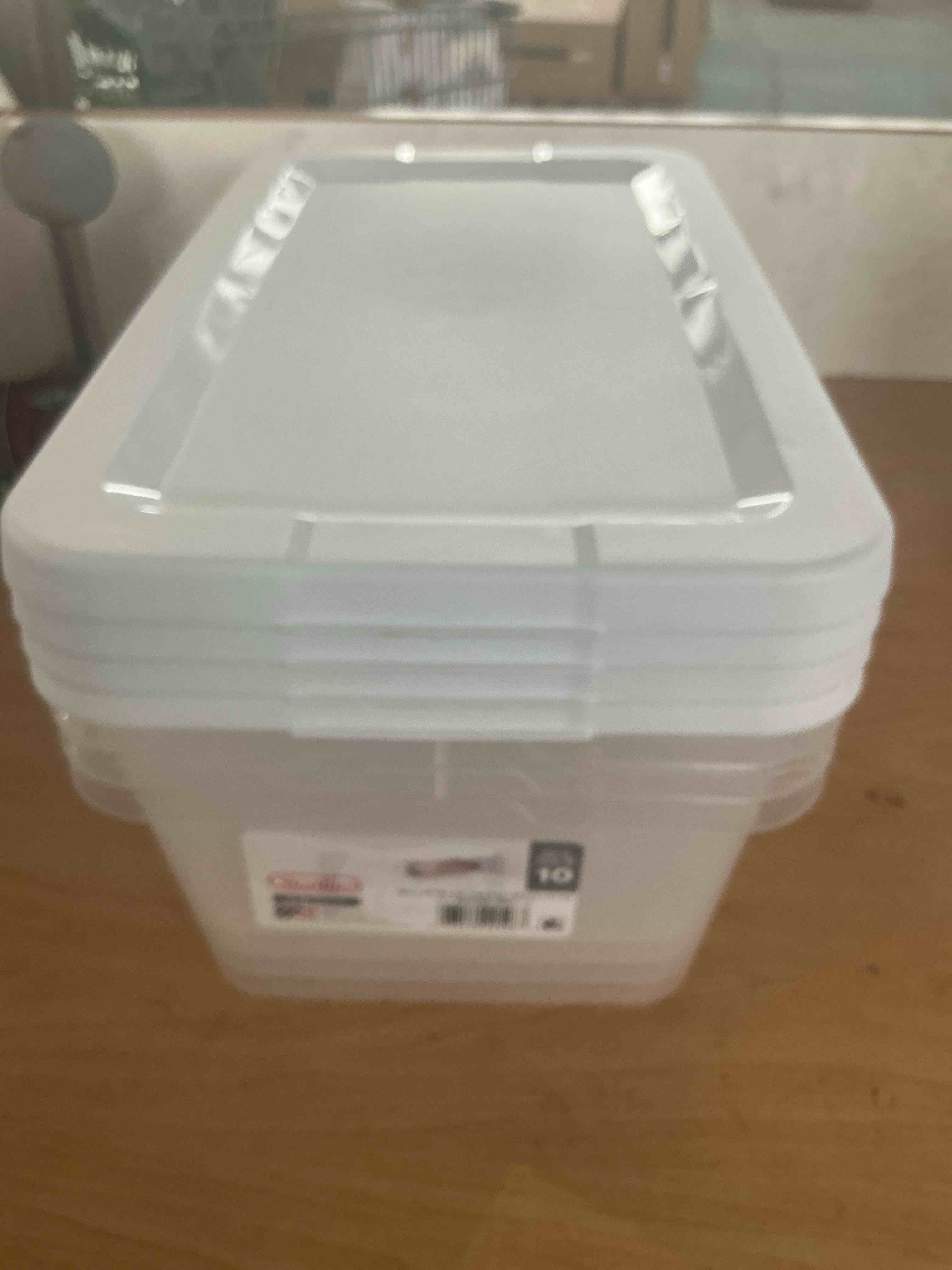 Condition photo showing New/Like New for sterilite set of (4) 6 quart storage boxes  clear plastic storage bin with snap-on lid  white