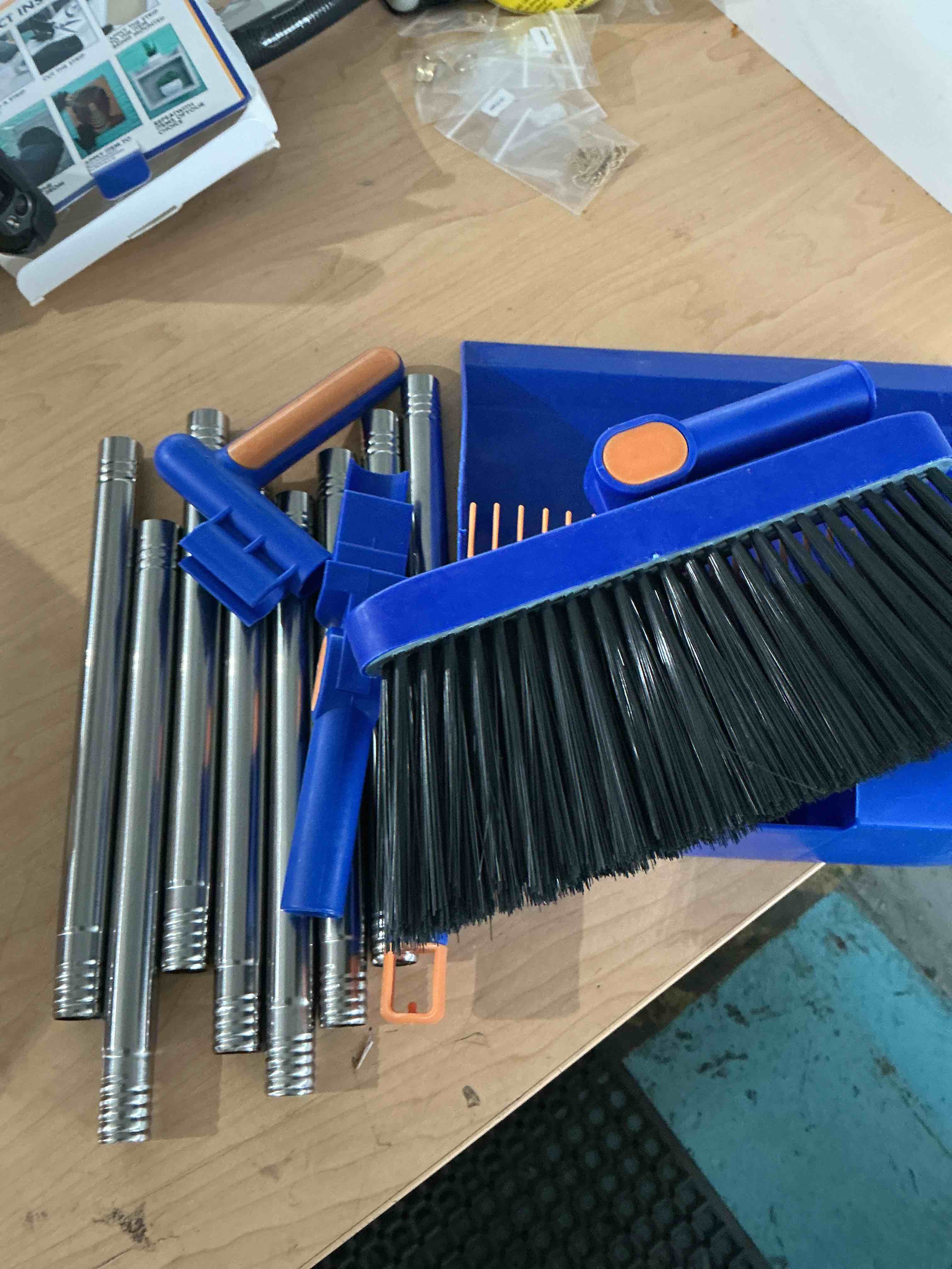 Condition photo showing New/Like New for broom and dustpan set, long handle standing broom with self-cleaning comb teeth, heavy duty broom dustpan combo for home kitchen office floor pet hair cleaning (blue)