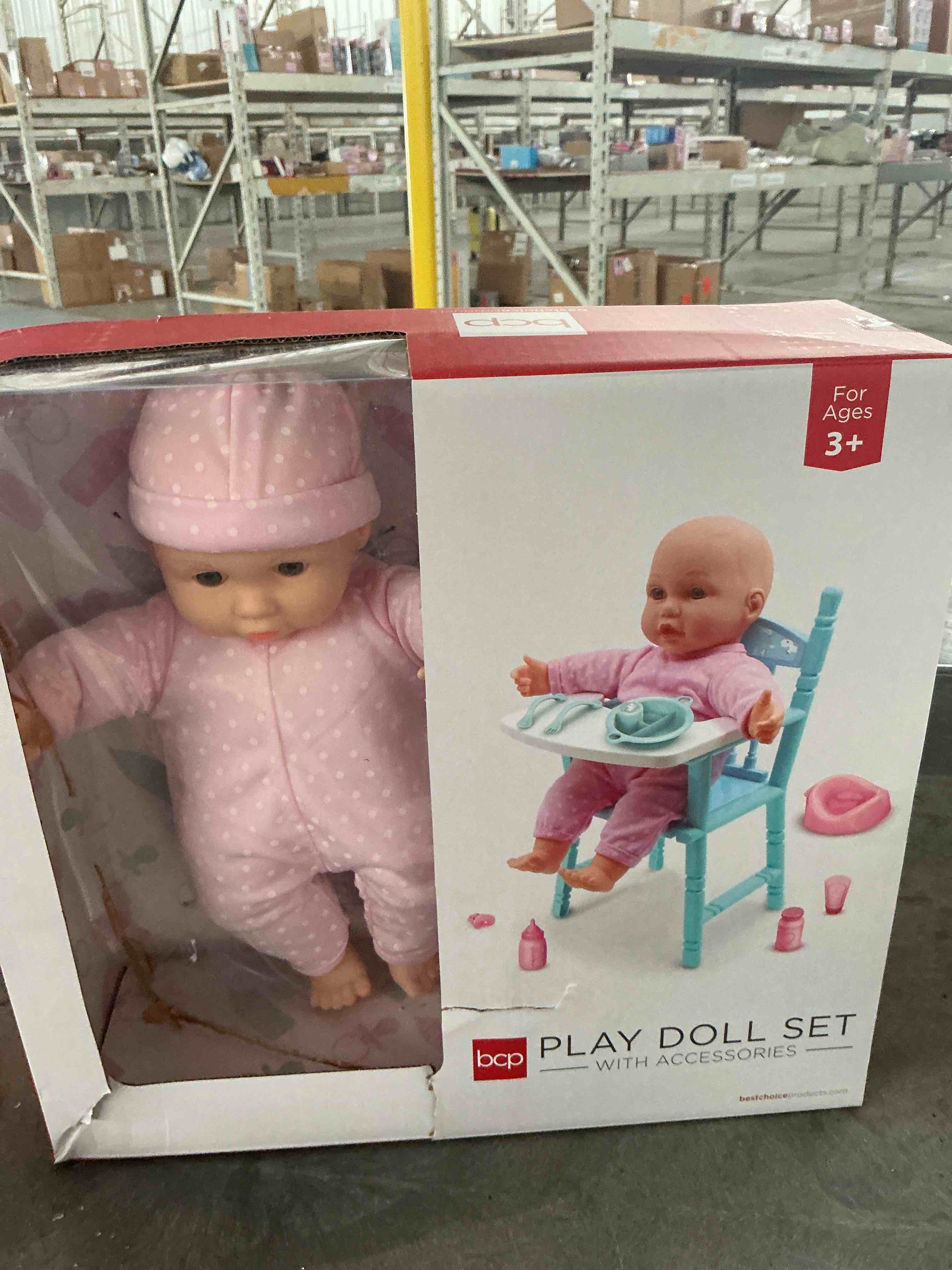Condition photo showing New/Like New for realistic baby doll with soft body, highchair, potty, accessories - 12.5in