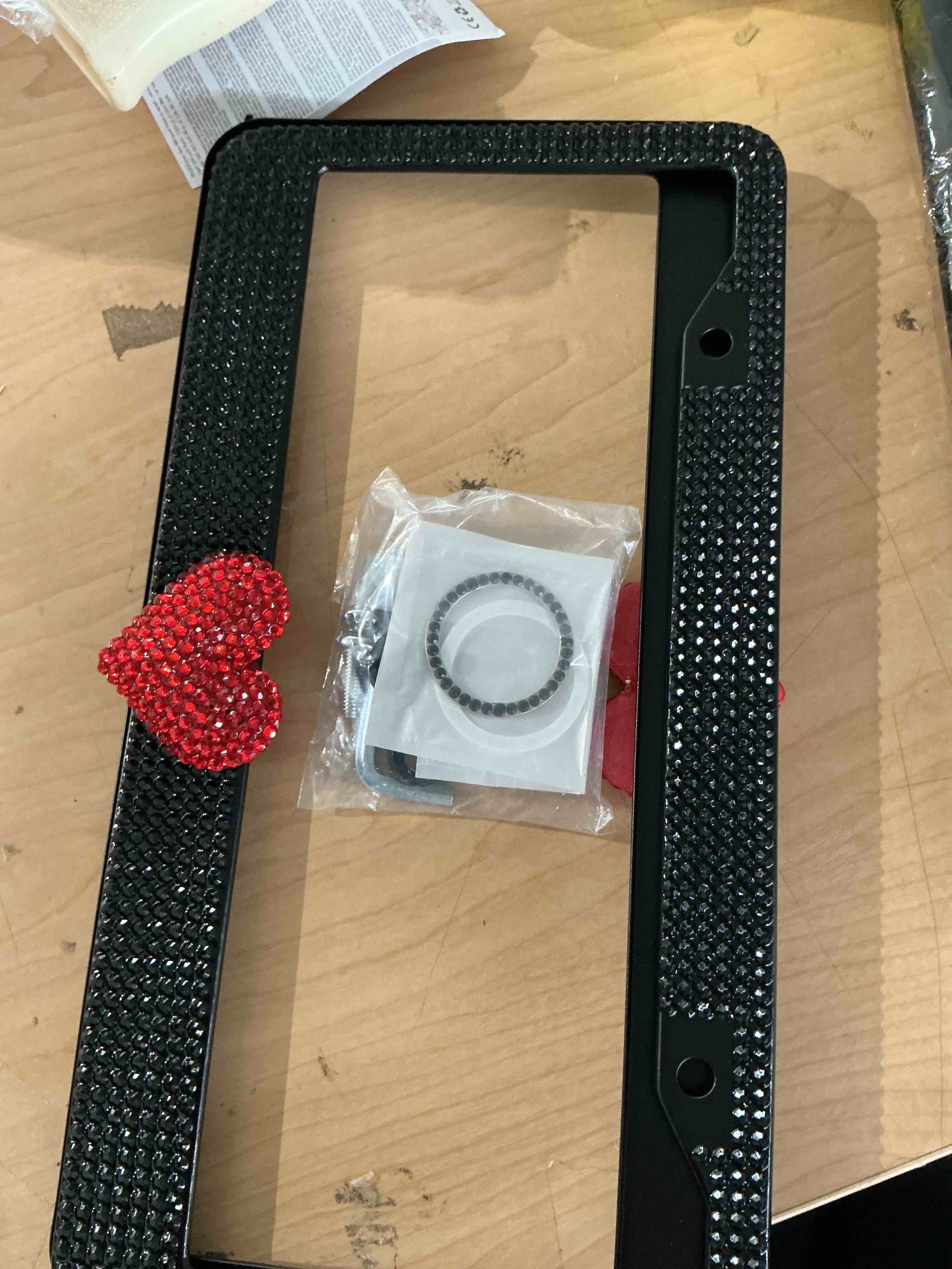 Condition photo showing New/Like New for license plate frame for women, rhinestone diamond car license plate frame with heart design, stainless steel sparkly license plate holder for us standard plates (1, black frame+red heart)