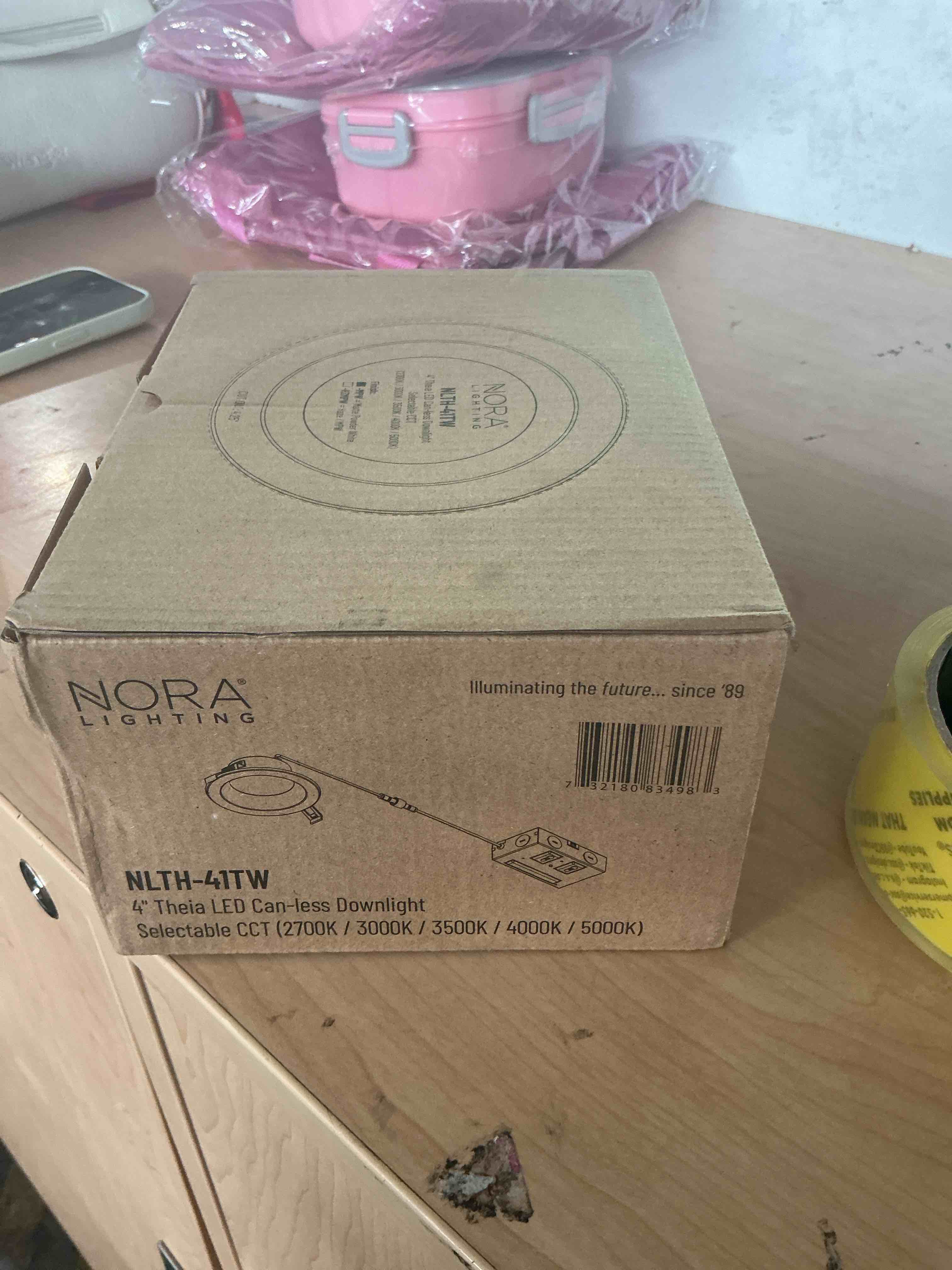 Condition photo showing Brand New for nora nlth-41tw-mpw theia led downlight with selectable cct (2700k/3000k/3500k/4000k/5000k), no housing required (4")