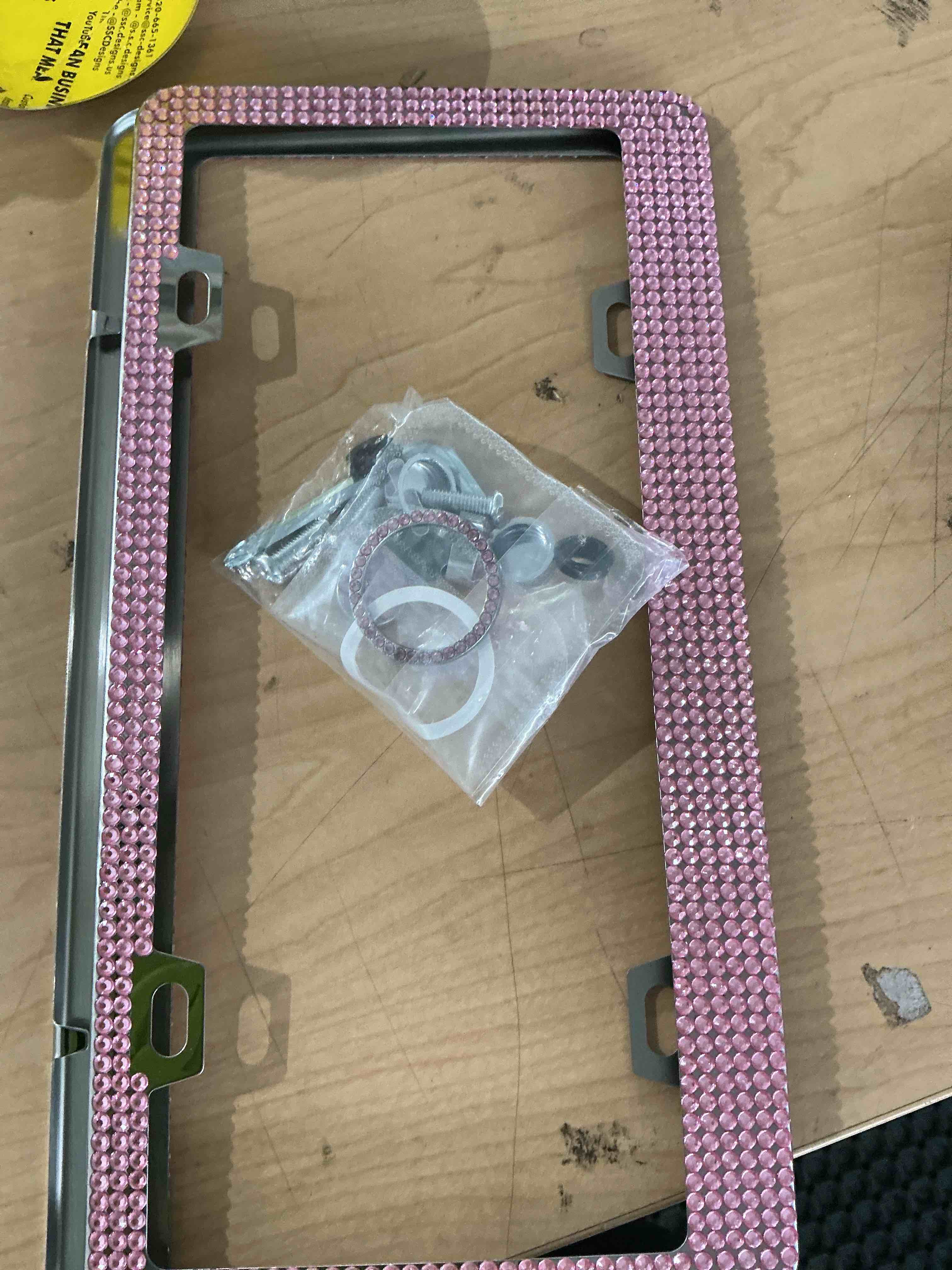 Condition photo showing New/Like New for amiss bling license plate frame for women, 2pack rhinestone handcrafted crystal premium stainless steel, stainless steel car accessories with diamond sparkle glitter caps (pink)