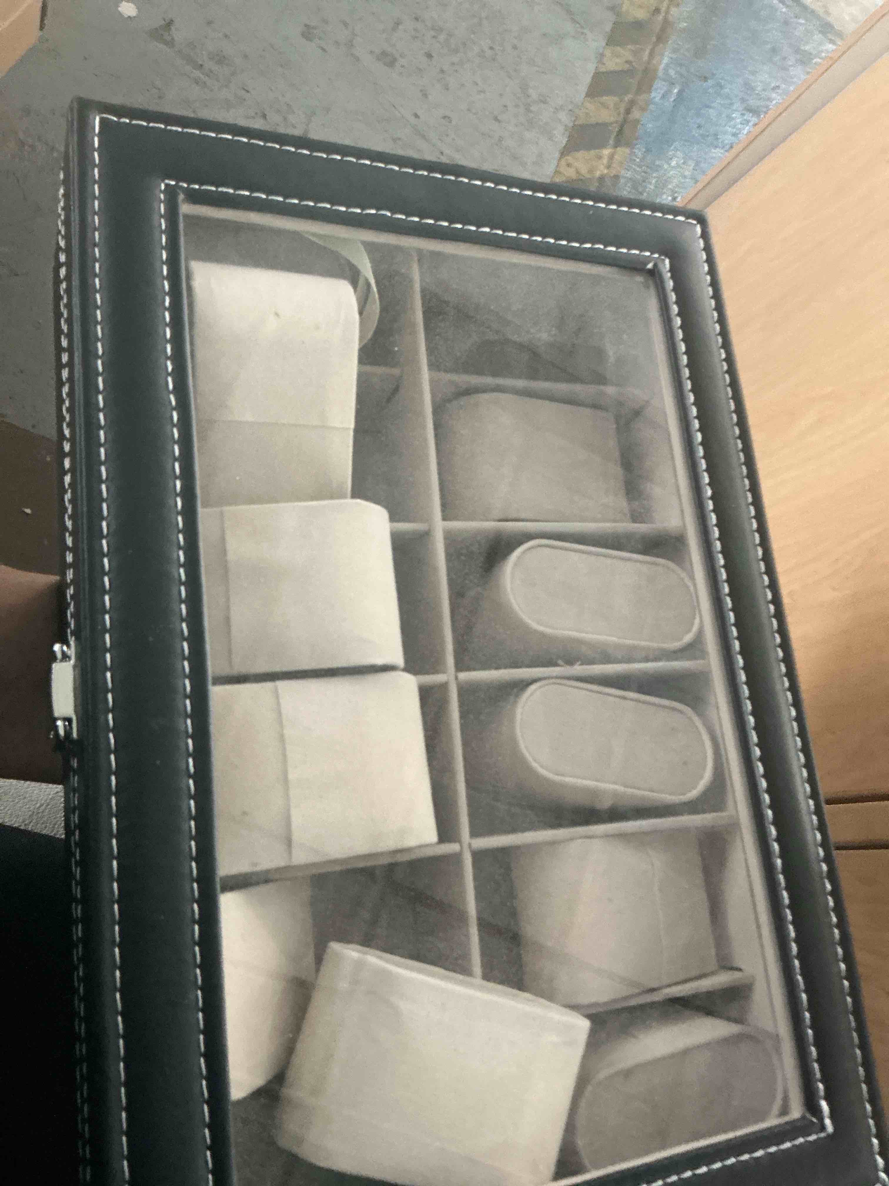 Condition photo showing Brand New for songmics watch box, 12-slot watch case organizer with large glass lid, removable pillows, gift for loved ones, black synthetic leather, gray lining ujwb12bk