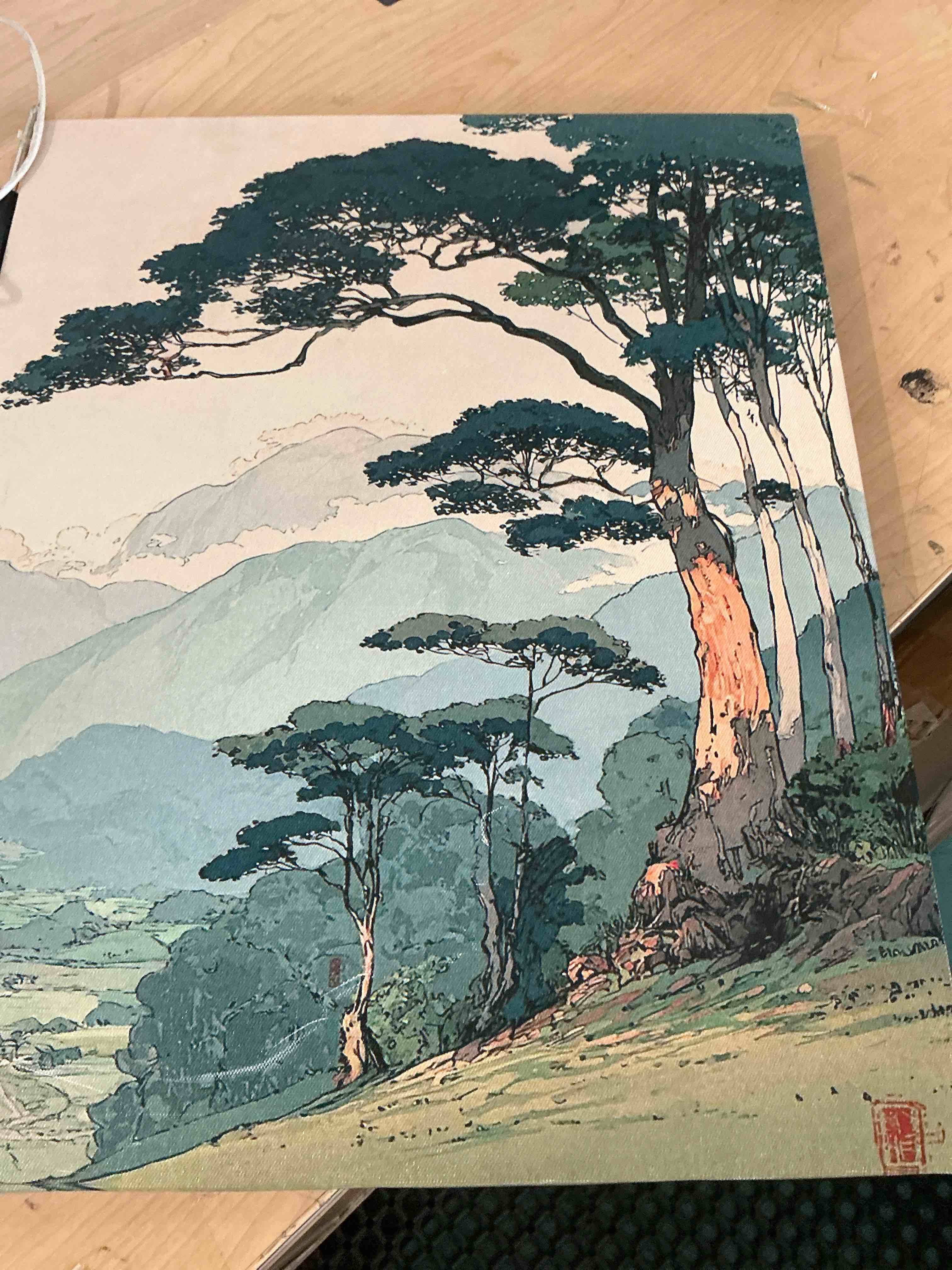 Condition photo showing New/Like New for vintage japanese forest wall art print - tree mountain landscape canvas poster painting - aesthetic wall decor for home farmhouse 8x10 inch framed