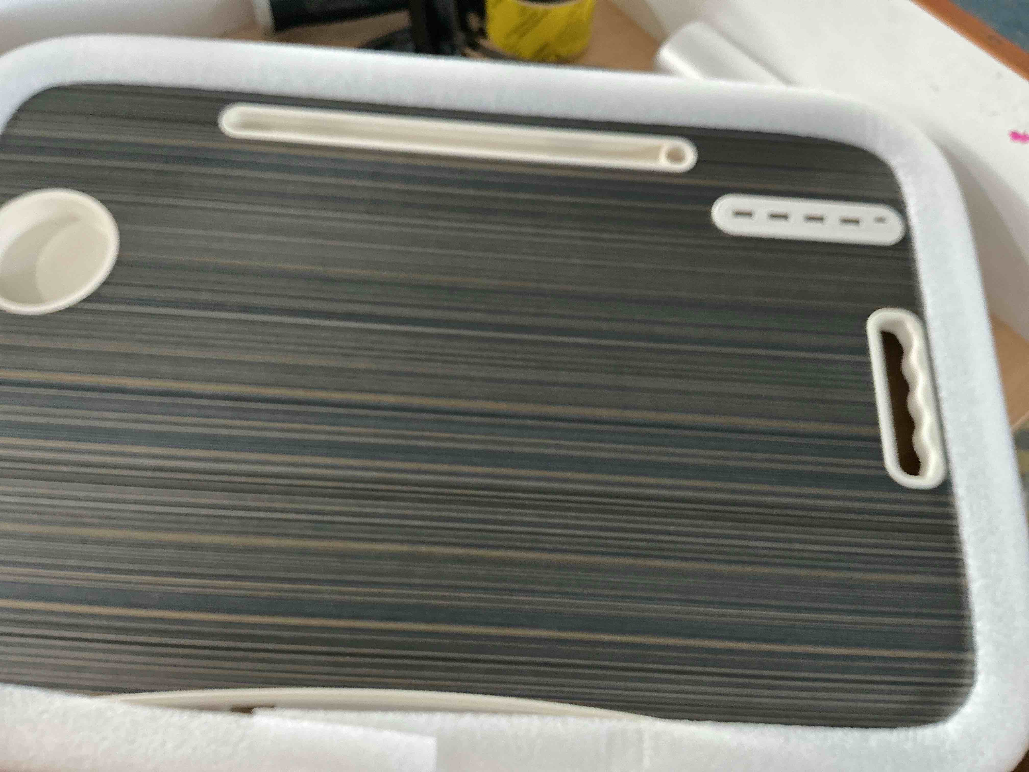 Condition photo showing New/Like New for folding lap desk, 23.6 inch wood laptop bed desk with cup holder, portable bed table for working writing reading & eating for bed, sofa, couch, floor - black