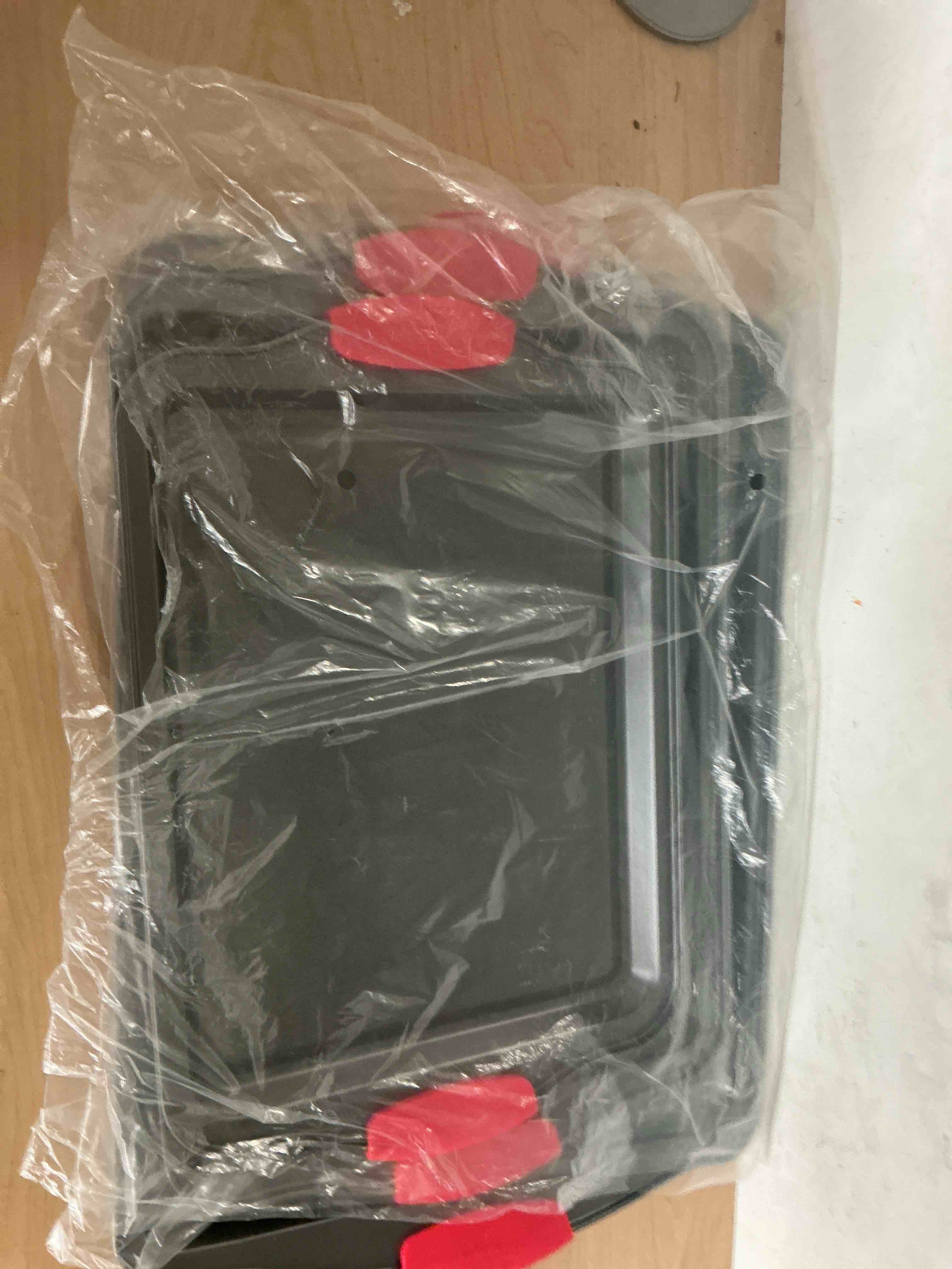 Condition photo showing Brand New for nutrichef 3-piece nonstick kitchen oven baking pans - premium & stylish non-stick steel, commercial grade restaurant quality metal bakeware with red silicone handles - easy to clean, ncsbs3s 3-piece set