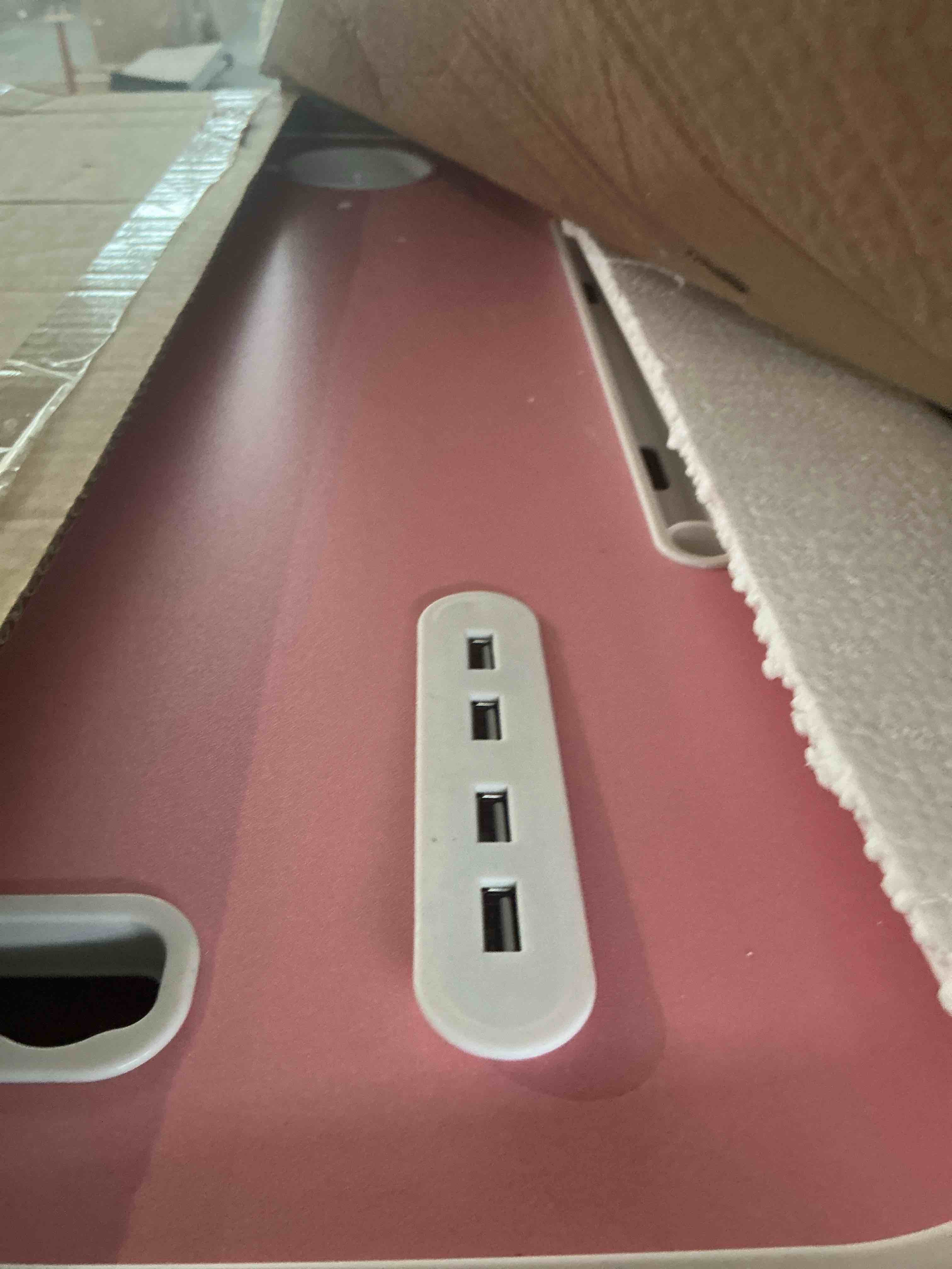 Condition photo showing New/Like New for folding pink lap desk, 23.6 inch wood laptop bed desk with cup holder, portable bed table for working writing reading & eating for bed, sofa, couch, floor - pink