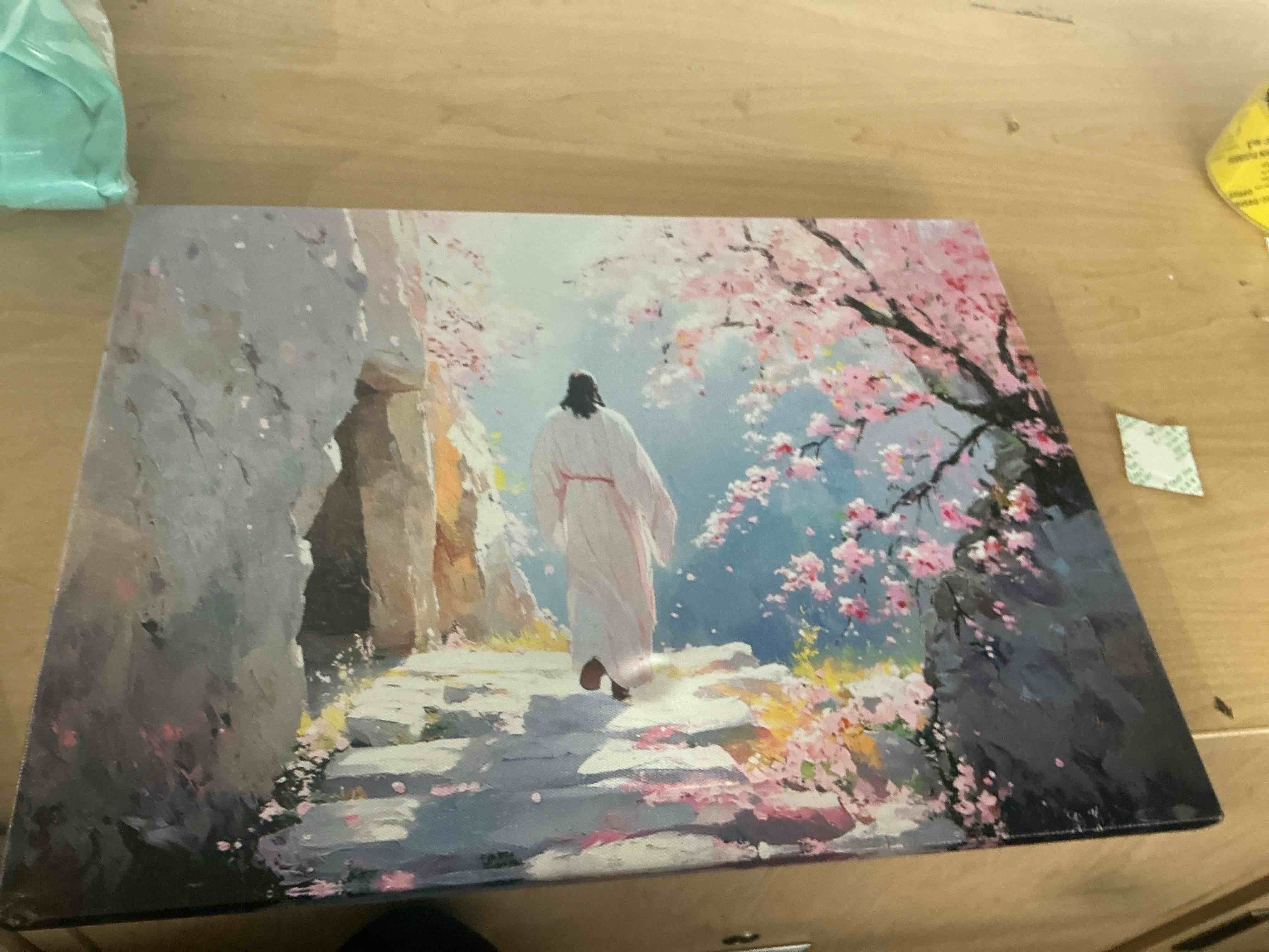 Condition photo showing Good Condition for fchen art jesus resurrection & blossoming cherry sakura christian religious print painting wall art - church, bedroom, living room decor - 32"x48" framed canvas