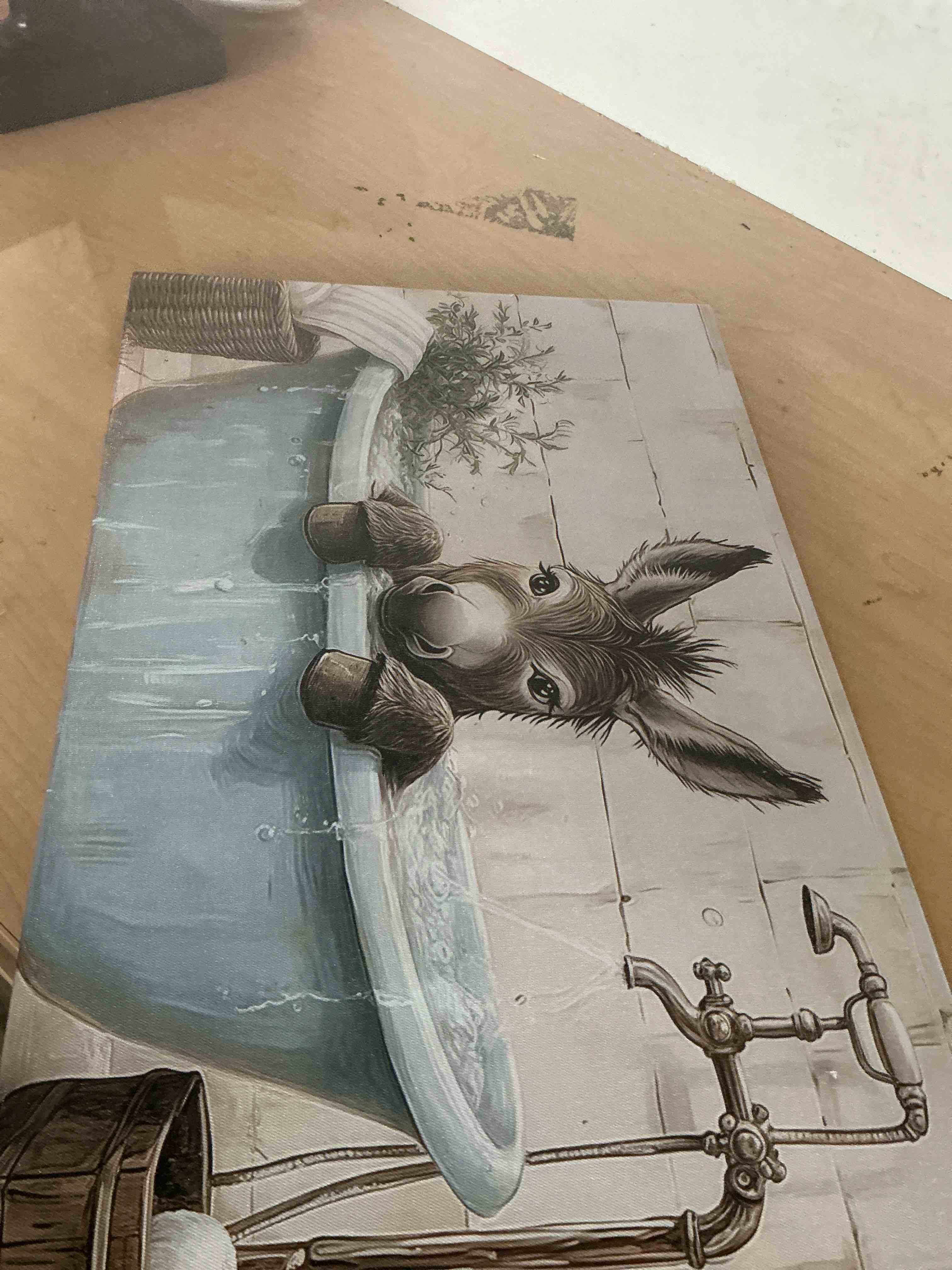 Condition photo showing Brand New for donkey in bathtub canvas wall art, whimsical farmhouse donkey in bathroom wall art framed poster ready to hang (framed,08×12 inch)