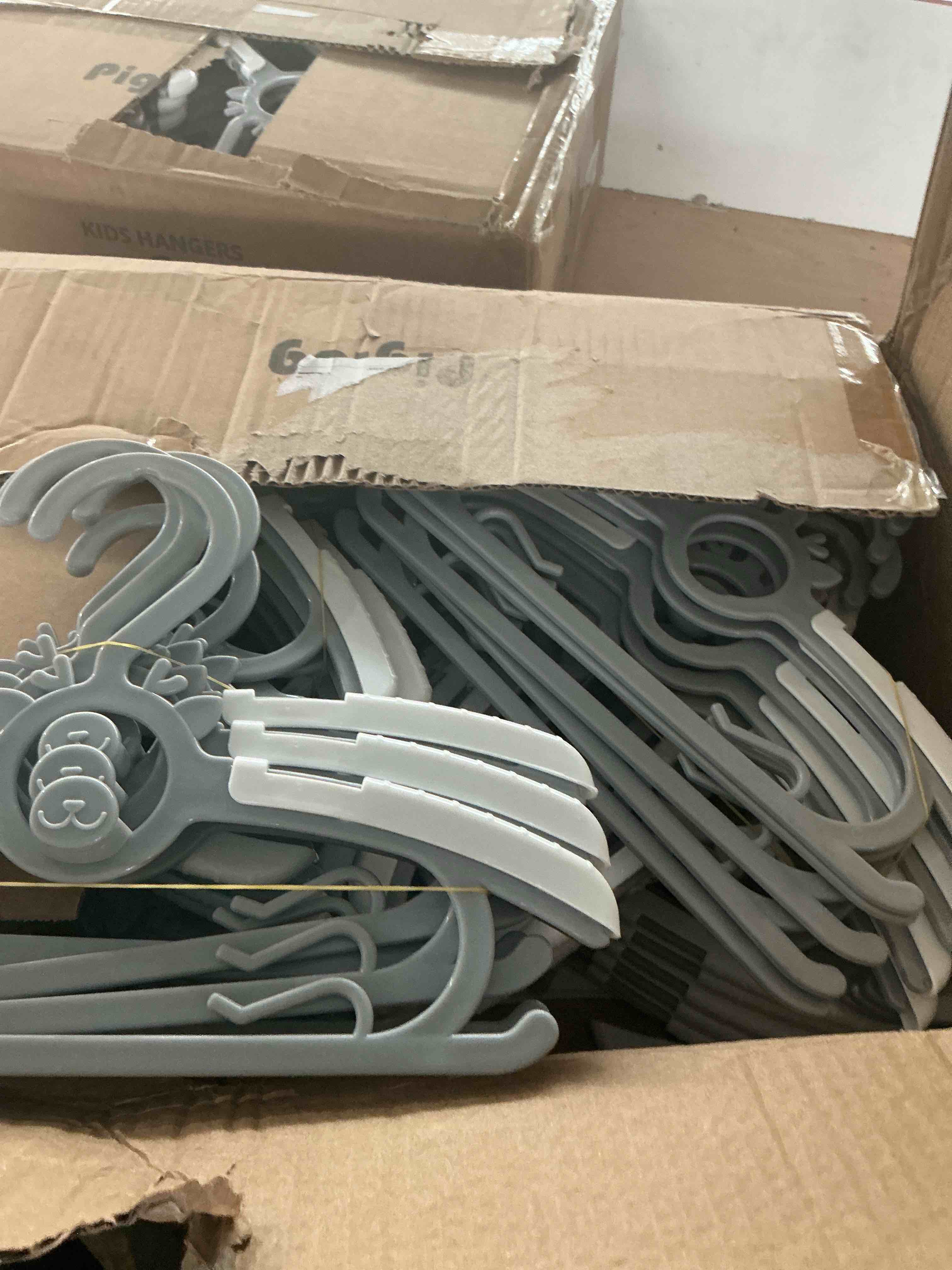 Condition photo showing New/Like New for baby hangers, 11-14 inch extendable kid hangers 60 pack, non-slip children's stackable space-saving closet organizers, grey