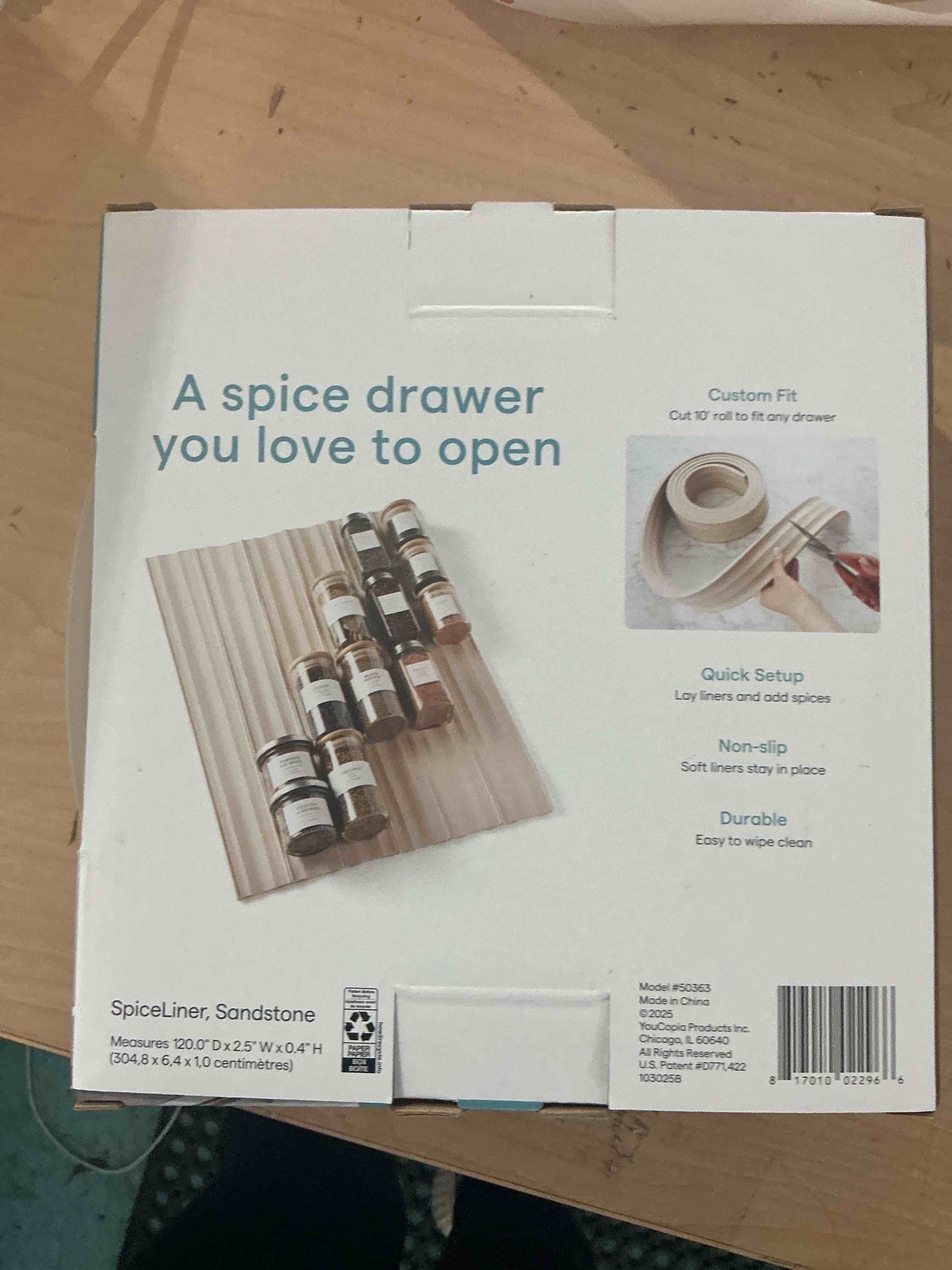 Condition photo showing Brand New for youcopia spiceliner adjustable spice drawer liner, 10ft roll, sandstone, seasoning and spices bottle