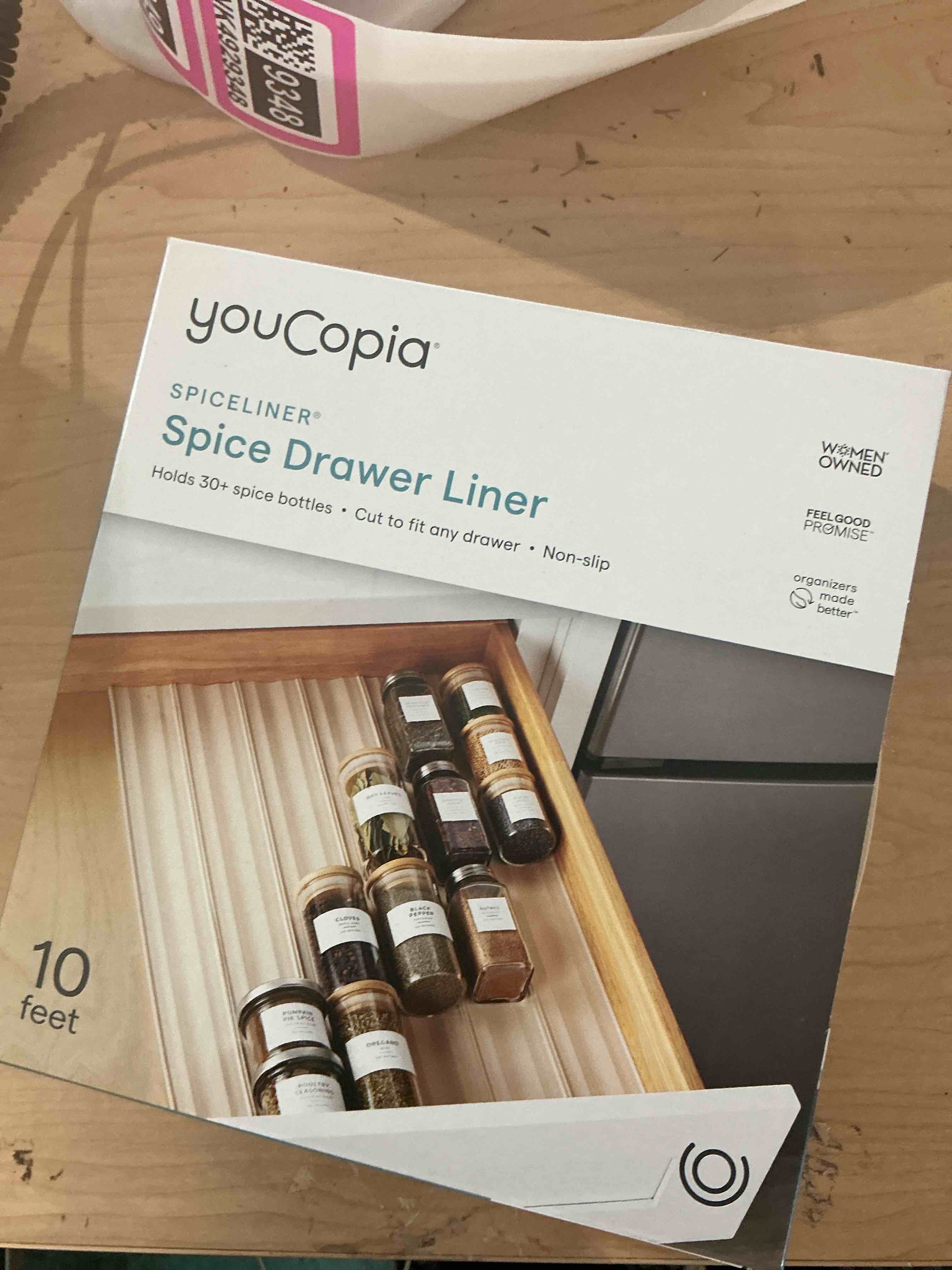 YouCopia SpiceLiner Adjustable Spice Drawer Liner, 10ft Roll, Sandstone, Seasoning and Spices Bottle