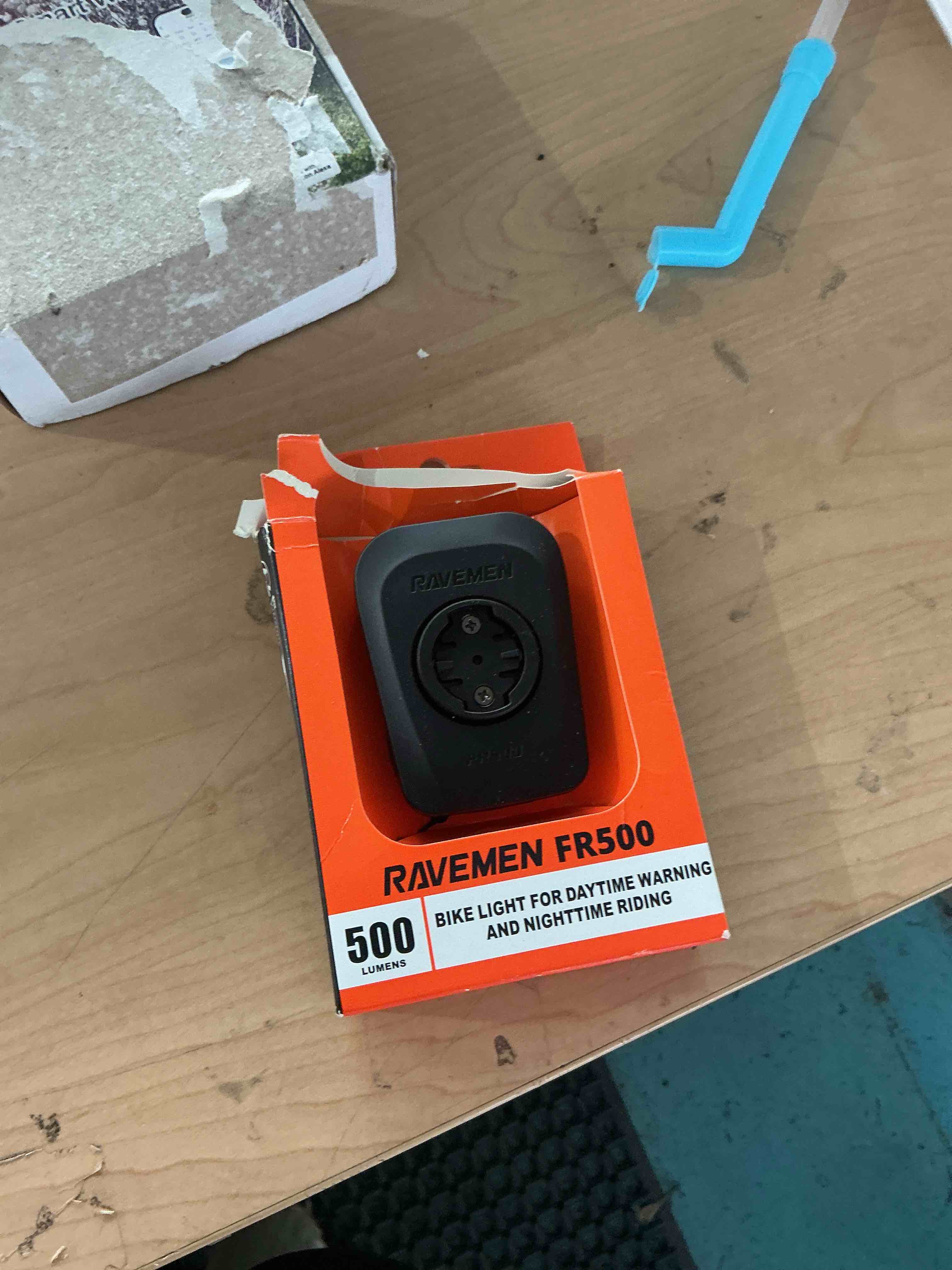 Condition photo showing New/Like New for ravemen fr500 bike front light for night daytime riding, compatible with garmin/wahoo computers, 6 modes, auto on/off, side visible, usb-c rechargeable bicycle headlight for road urban biking