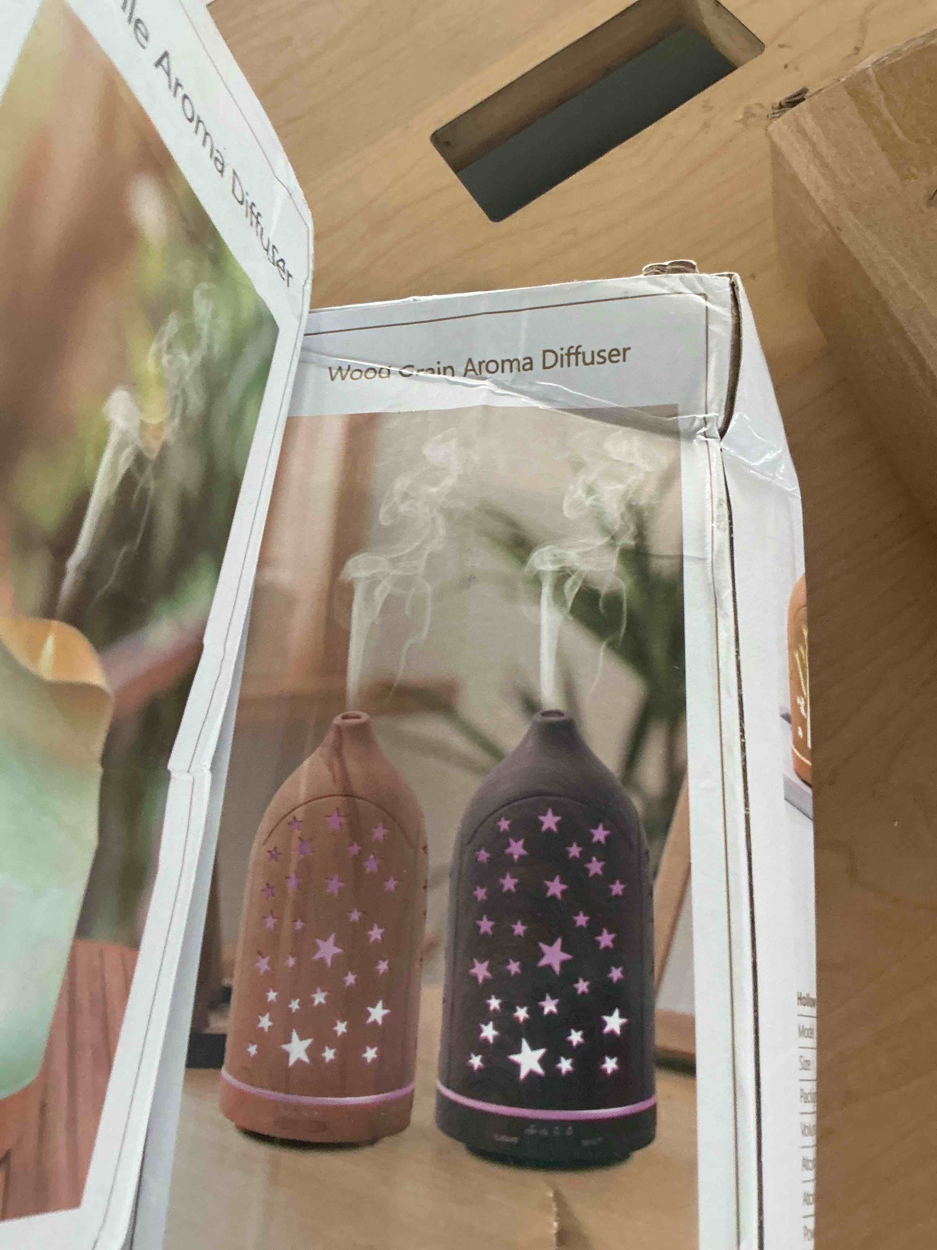 Condition photo showing New/Like New for aromatherapy diffusers,7.1''x3.5''diffuser with 3 essential oil set,small 200ml office desk humidifier with 7 led colors night lights,waterless auto-off for home decor gift (star dark wood grain)