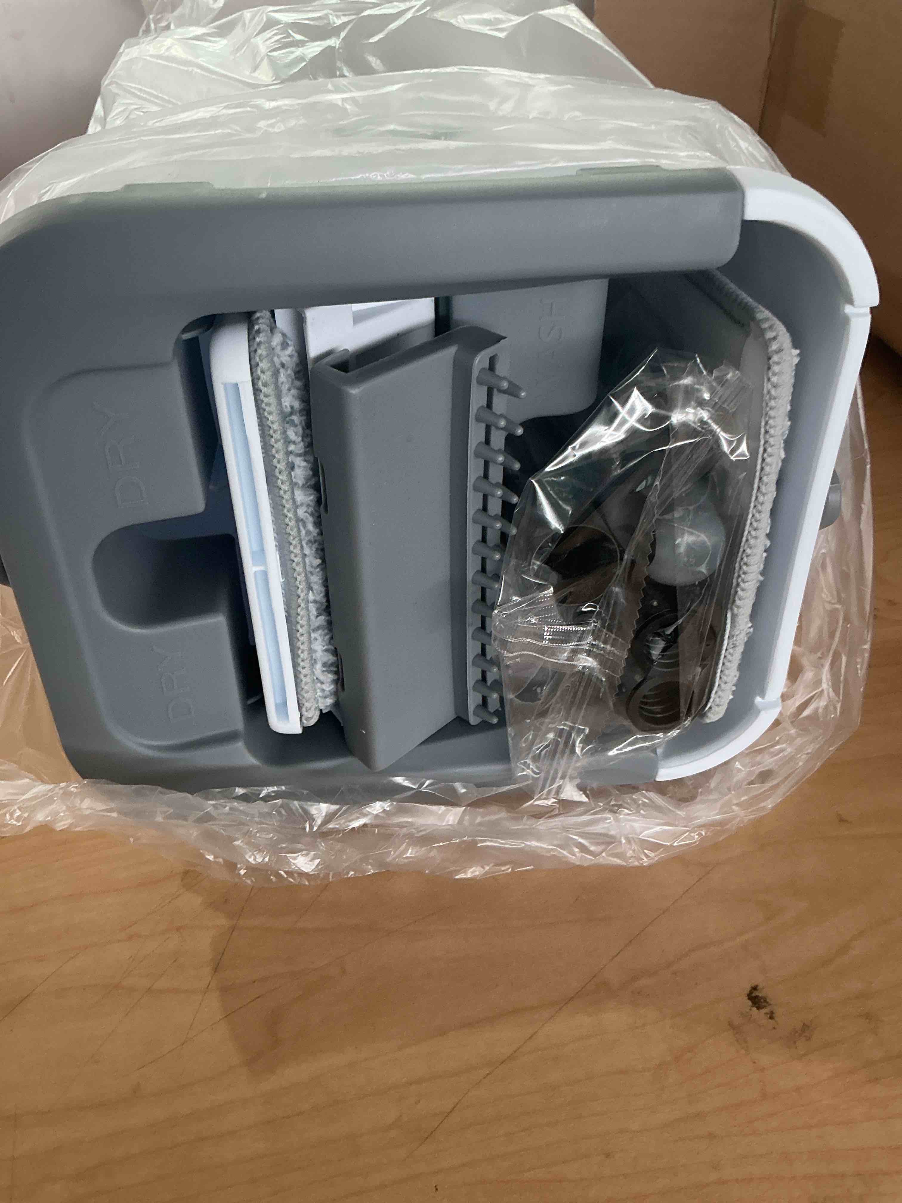 Condition photo showing New/Like New for joymoop mop and bucket with wringer set, hands free flat floor mop and bucket, 60" mop with 3 reusable microfiber pads, wet and dry use, floor cleaning system middle bucket #13 + 60" flat mop + 3 pads