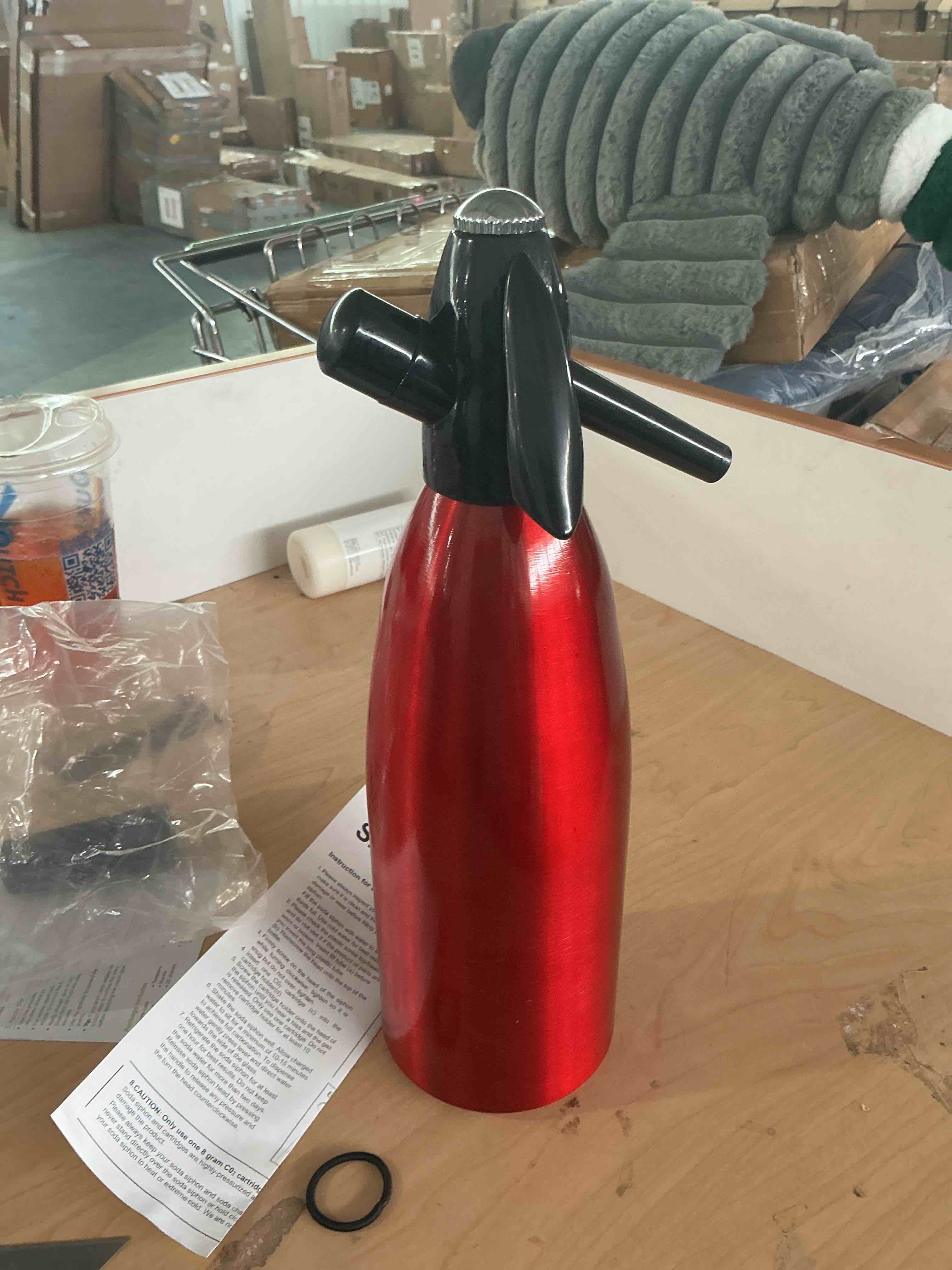 Condition photo showing New/Like New for 1l portable soda siphon – aluminum home soda maker, red vintage seltzer bottle for diy carbonated drinks, sparkling water maker for healthy cocktails, use 8 gram co2 cartridges (not included)