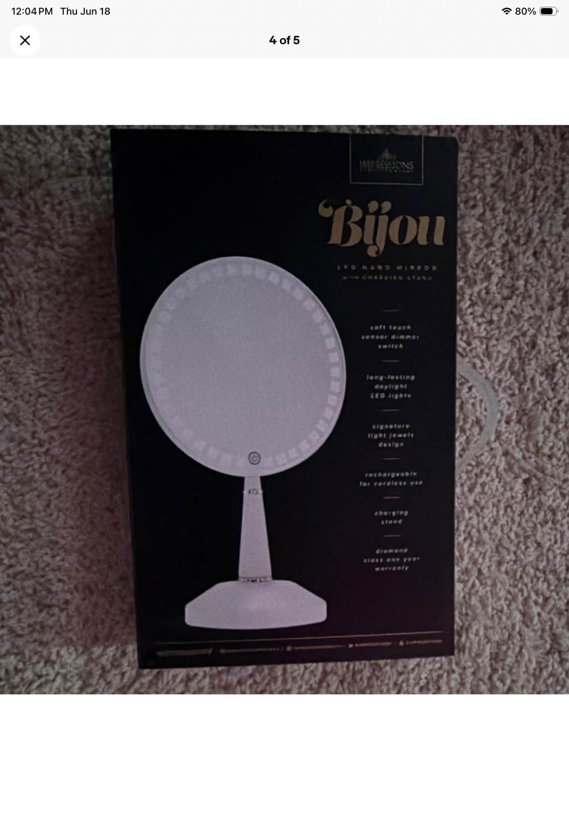 Condition photo showing New/Like New for impressions vanity bijouled round hand mirror white with charging stand