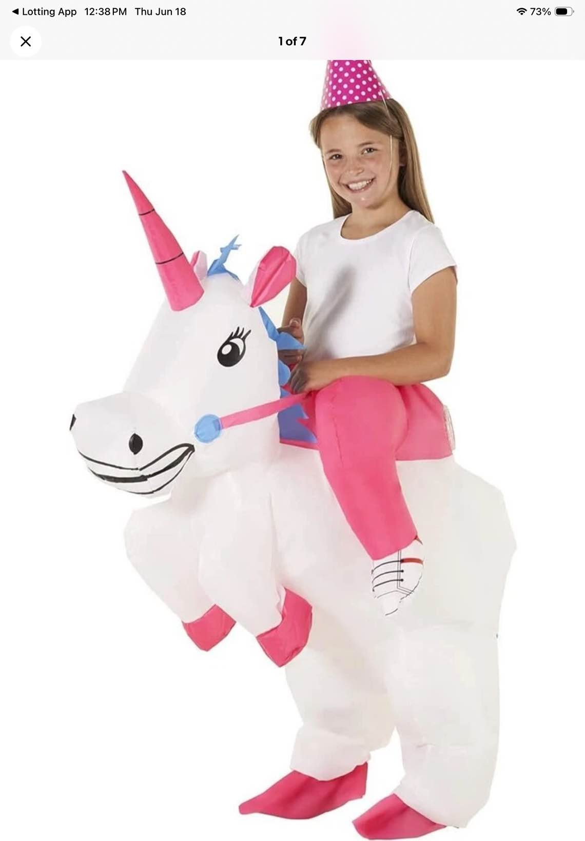 Condition photo showing New/Like New for kids inflatable unicorn costume girl ride on party fancy dress up for halloween