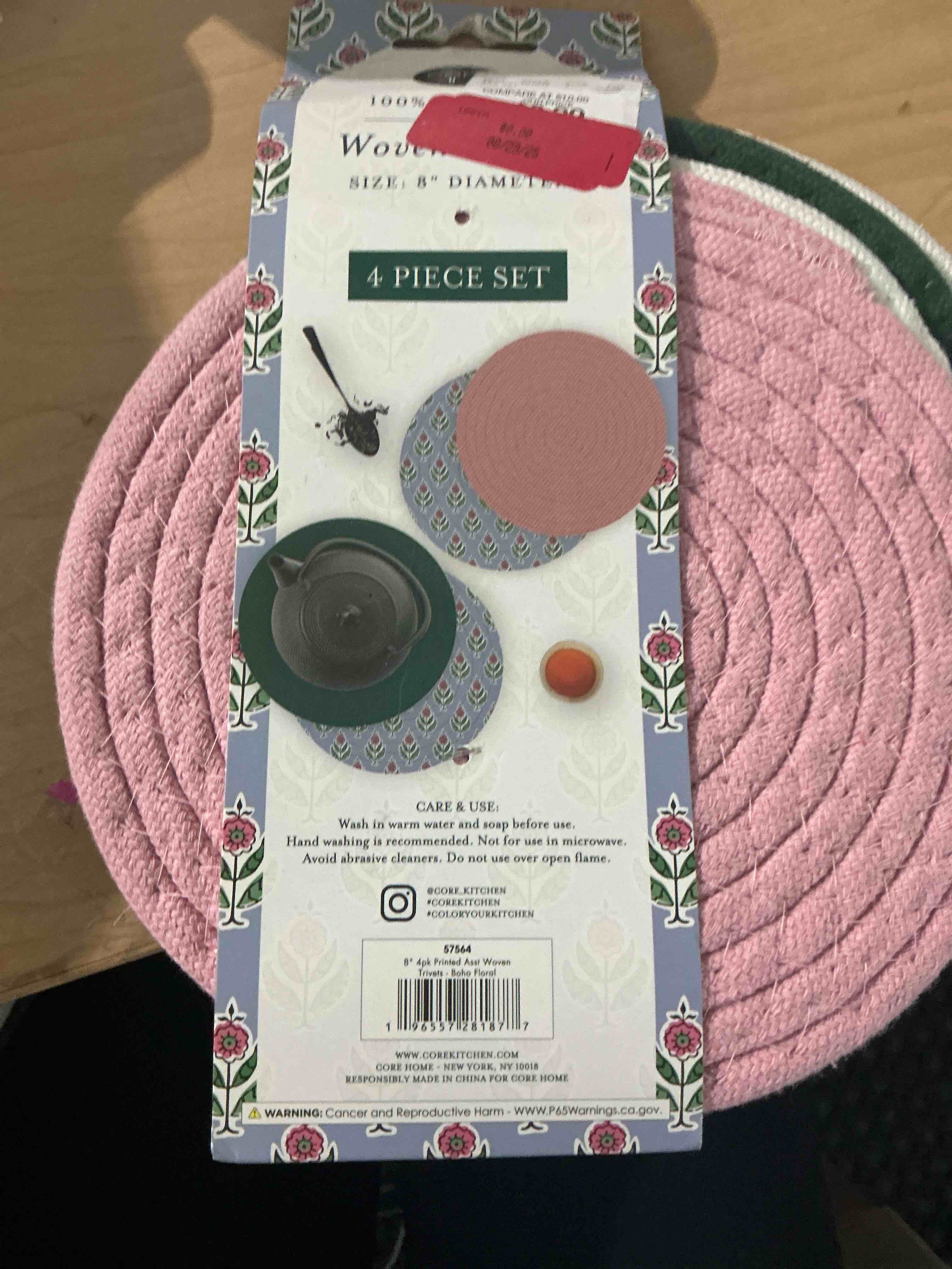 Condition photo showing New/Like New for care&use hundred percent cotton woven trivets size 8 diameter 4 piece set
